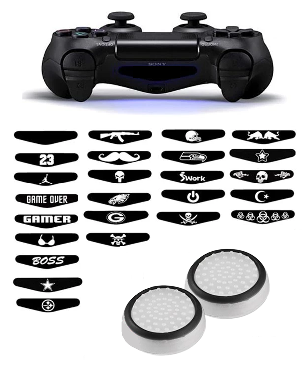 Thumb Grips + Stickers for PS4, PlayStation 4 - Gaming Thumbgrips - Performance Thumbsticks - Anti-Slip Joystick Caps - Protection Accessories - White/Black + Random Sticker