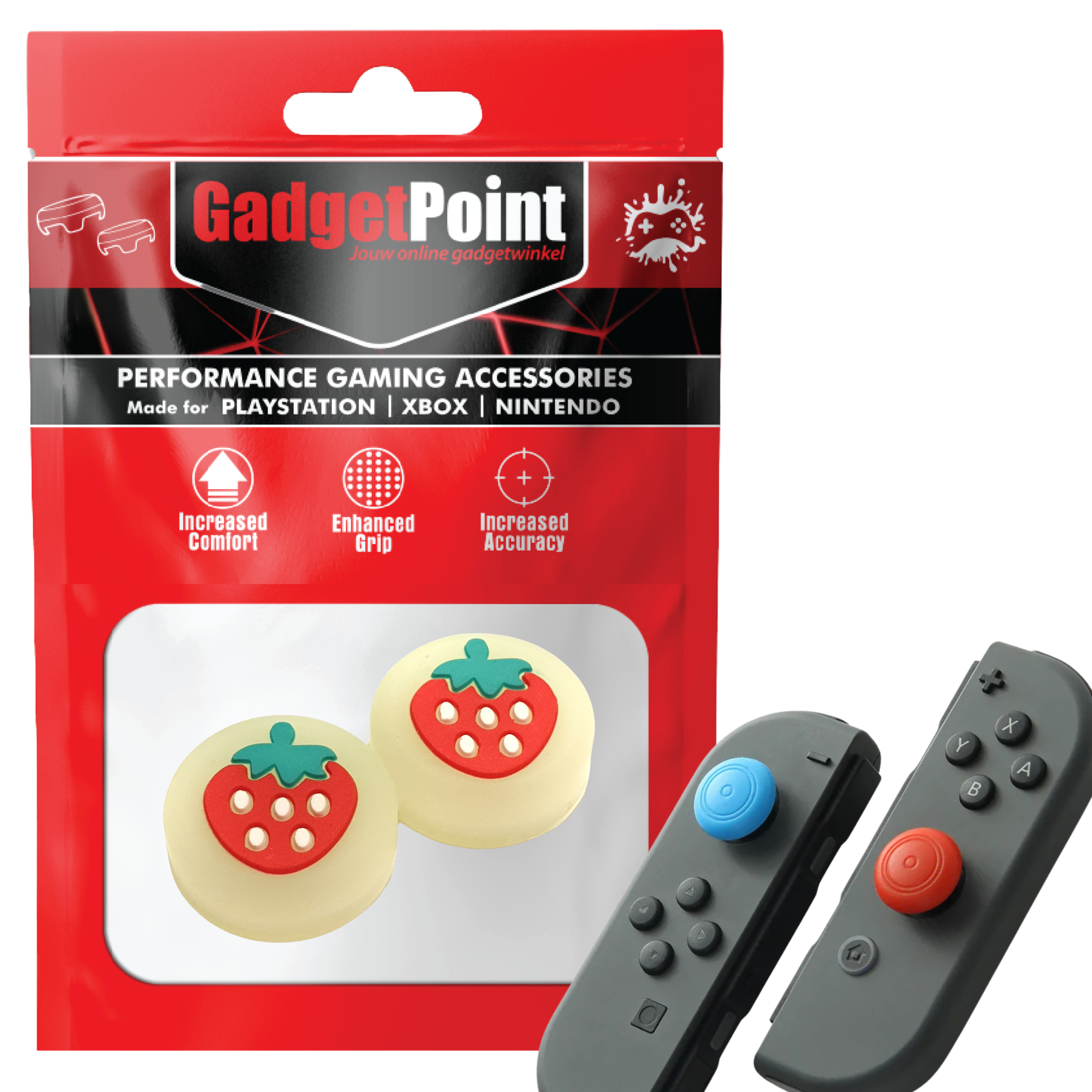 Gaming Thumb Grips | Performance Thumbsticks | Accessoires geschikt voor Nintendo Switch Joy-Con Controller(s) | Thumbgrips | Aardbeien - Geel met Rood