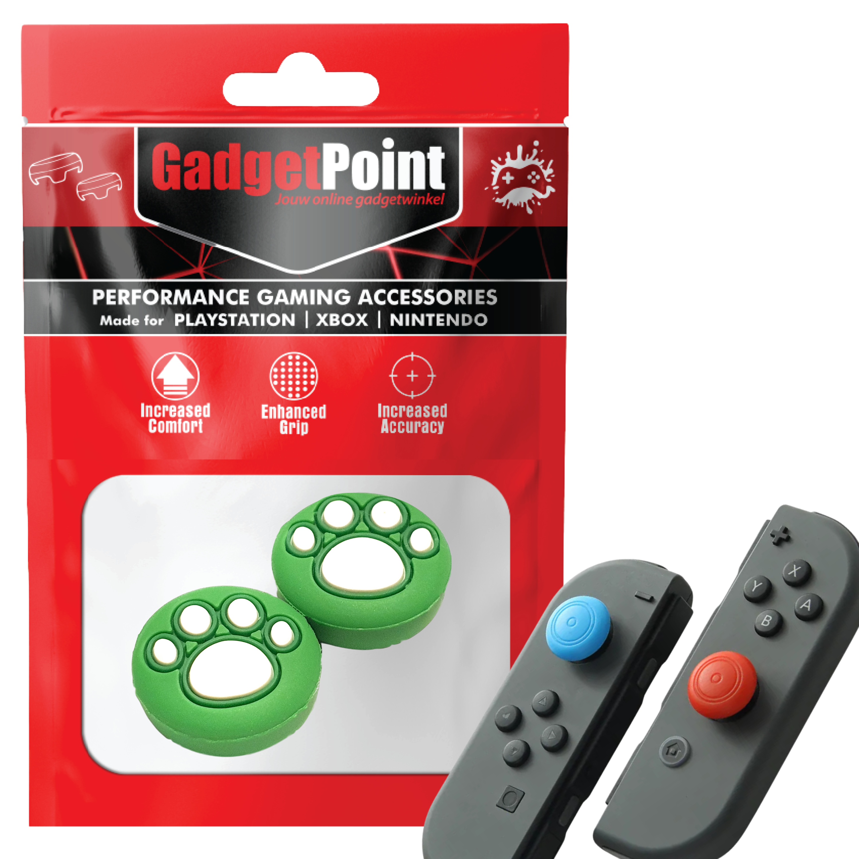 Gaming Thumb Grips | Performance Anti-slip Thumbsticks | Joystick Cap Thumb Grips | Paws - Green with White | Accessories suitable for Nintendo Switch Joy-Con Controllers