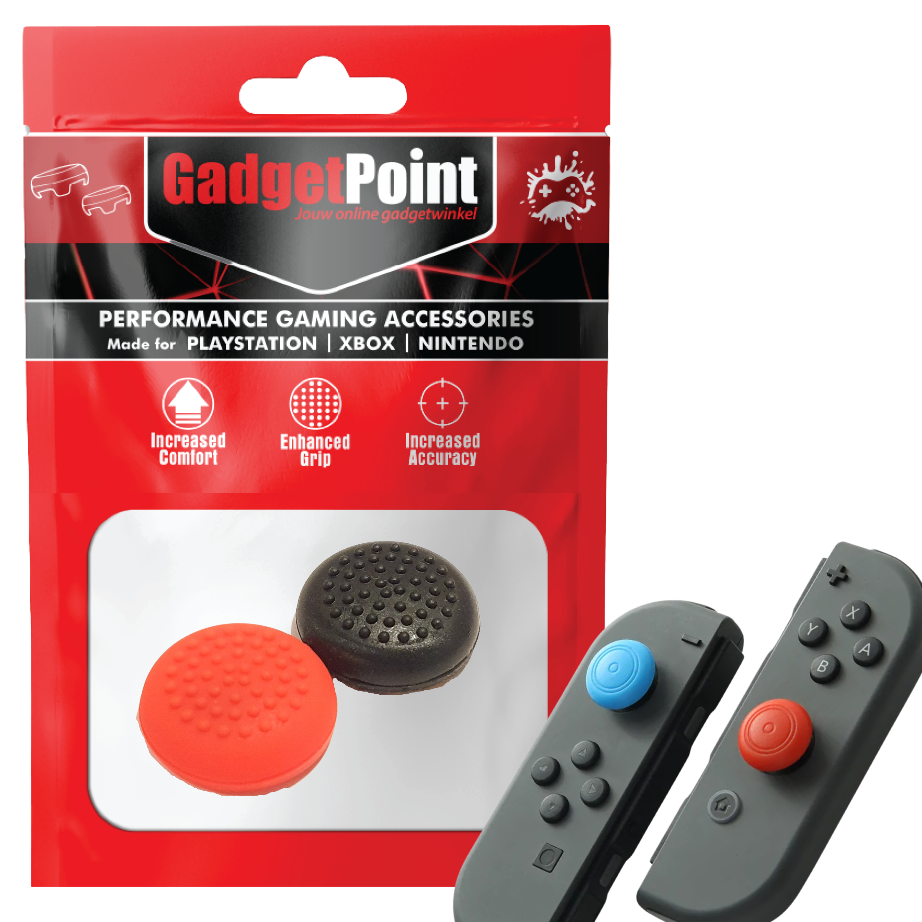 Gaming Thumb Grips | Performance Thumbsticks | Accessoires geschikt voor Nintendo Switch Joy-Con Controller(s) | Thumbgrips | Thumbs Stippen - Zwart/Rood
