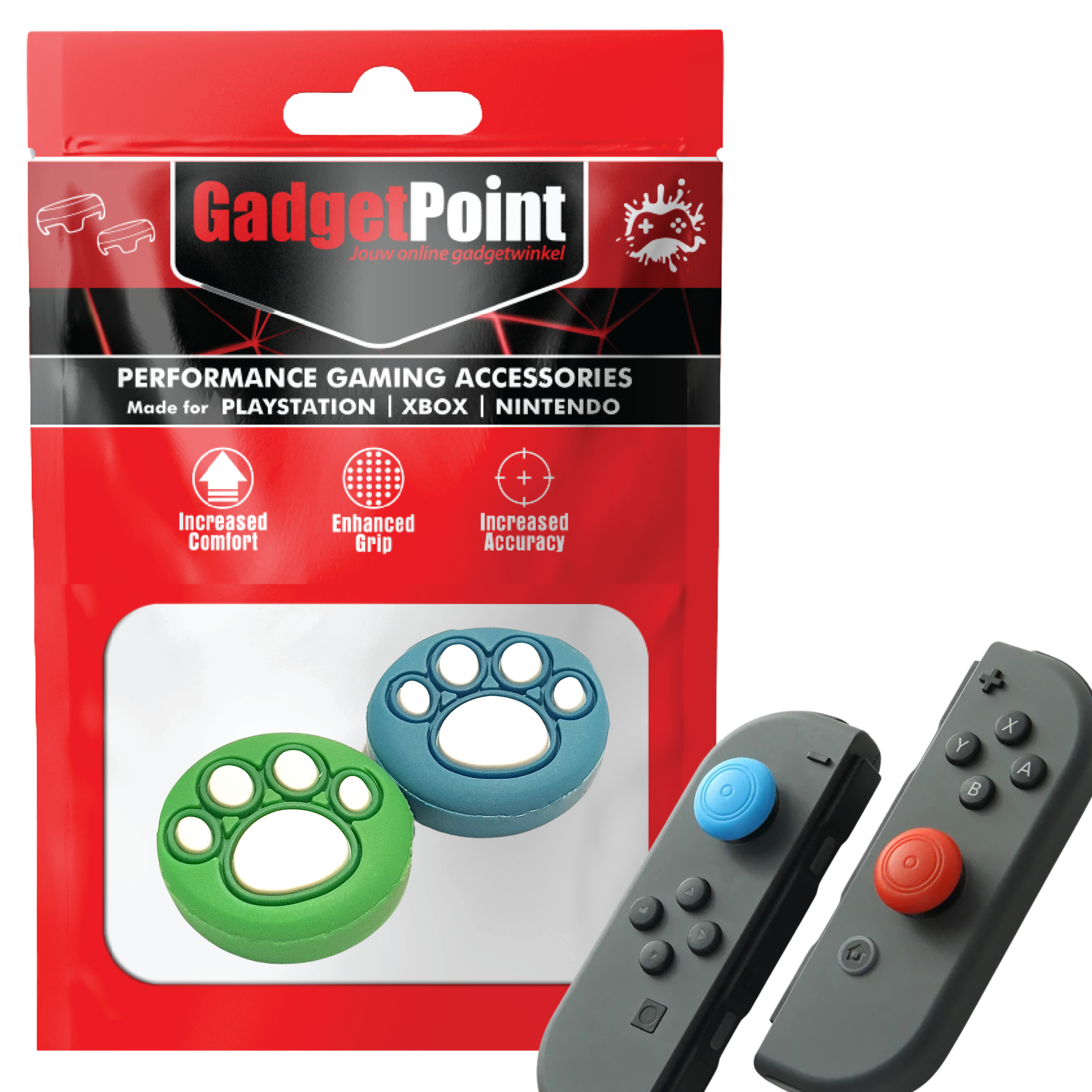 Gaming Thumb Grips | Performance Thumbsticks | Accessoires geschikt voor Nintendo Switch Joy-Con Controller(s) | Thumbgrips | Pootjes - Groen/Blauw met Wit