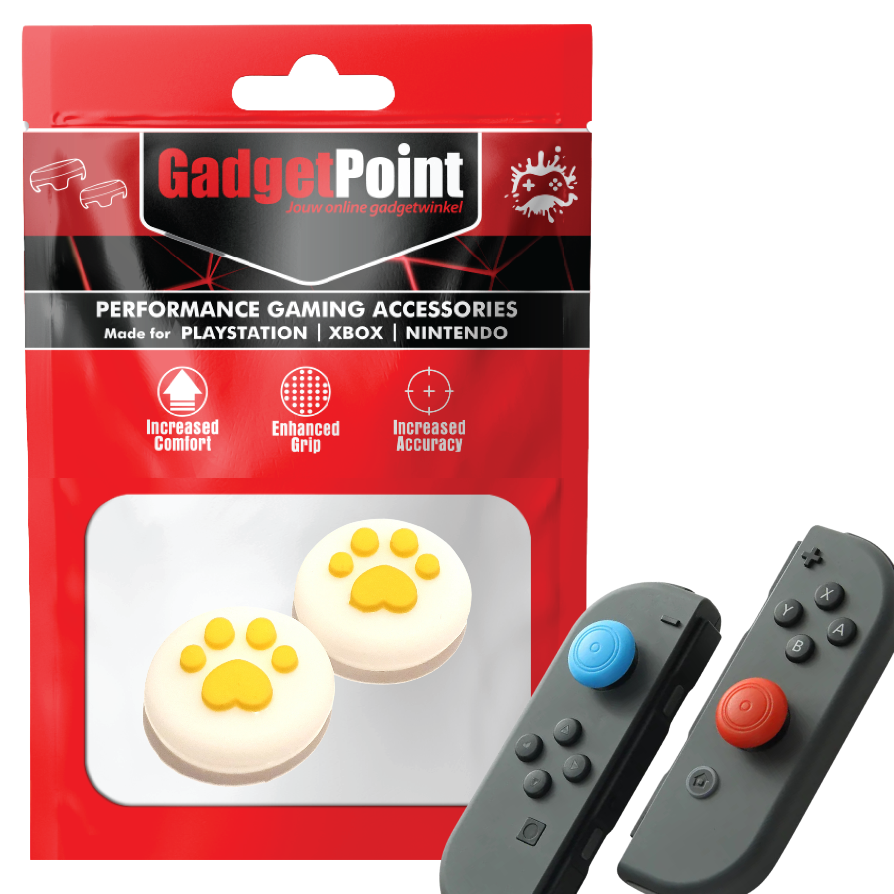 Gaming Thumb Grips | Performance Anti-slip Thumbsticks | Joystick Cap Thumb Grips | Paws - White with Yellow | Accessories suitable for Nintendo Switch Joy-Con Controllers