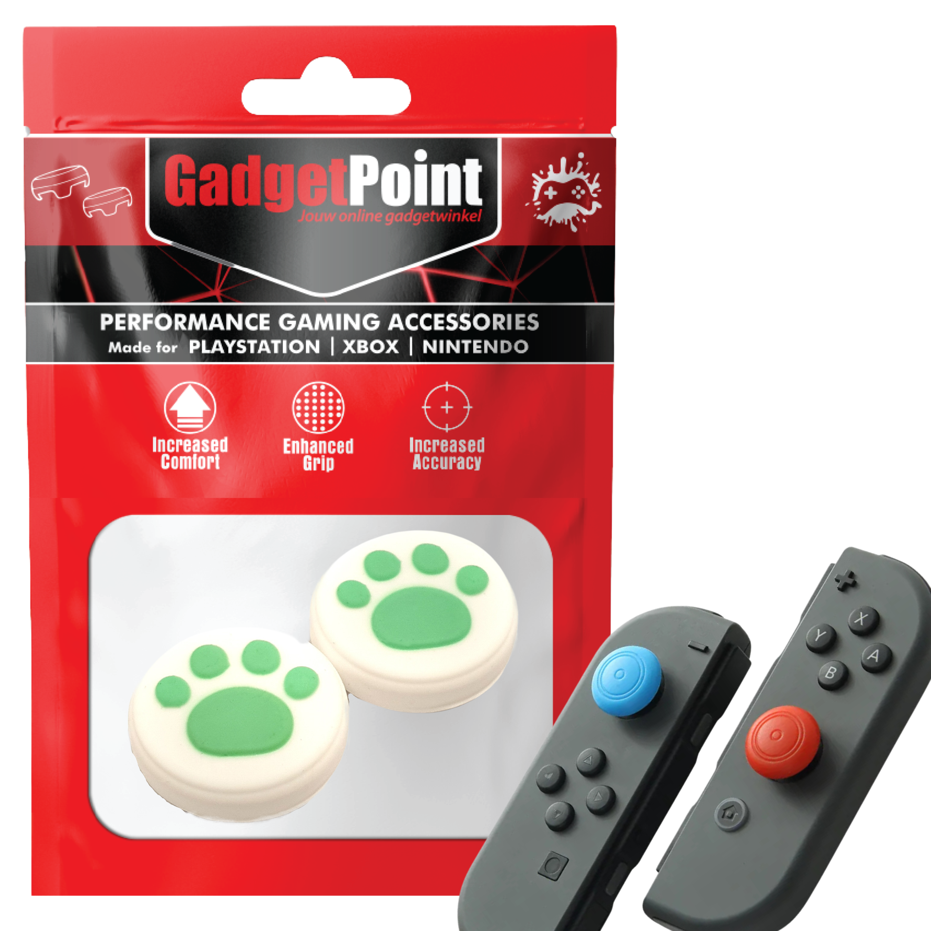 Gaming Thumb Grips | Performance Anti-slip Thumbsticks | Joystick Cap Thumb Grips | Paws - White with Green | Accessories suitable for Nintendo Switch Joy-Con Controllers