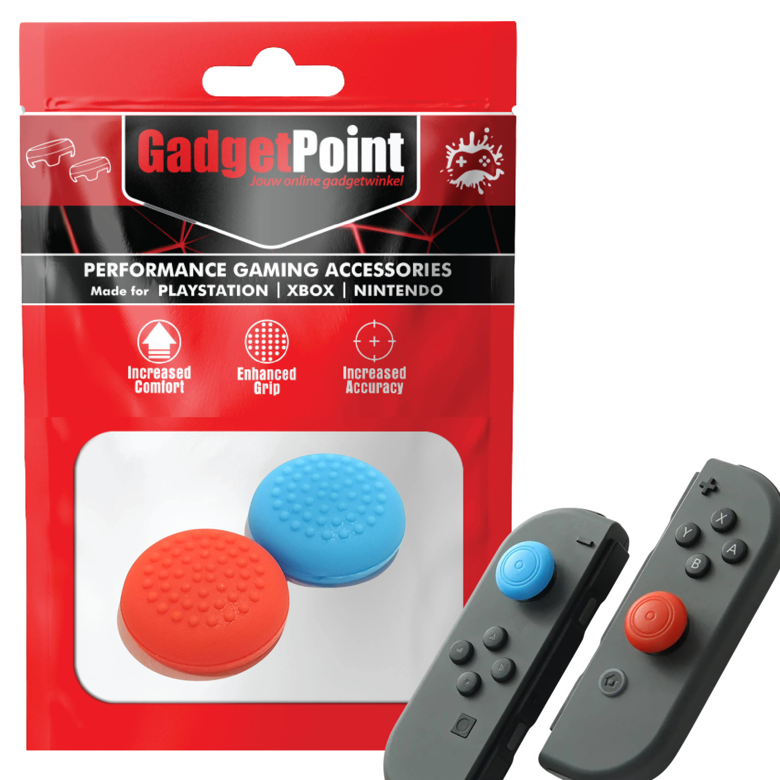 Gaming Thumb Grips | Performance Thumbsticks | Accessoires geschikt voor Nintendo Switch Joy-Con Controller(s) | Thumbgrips | Thumbs Stippen - Blauw/Rood