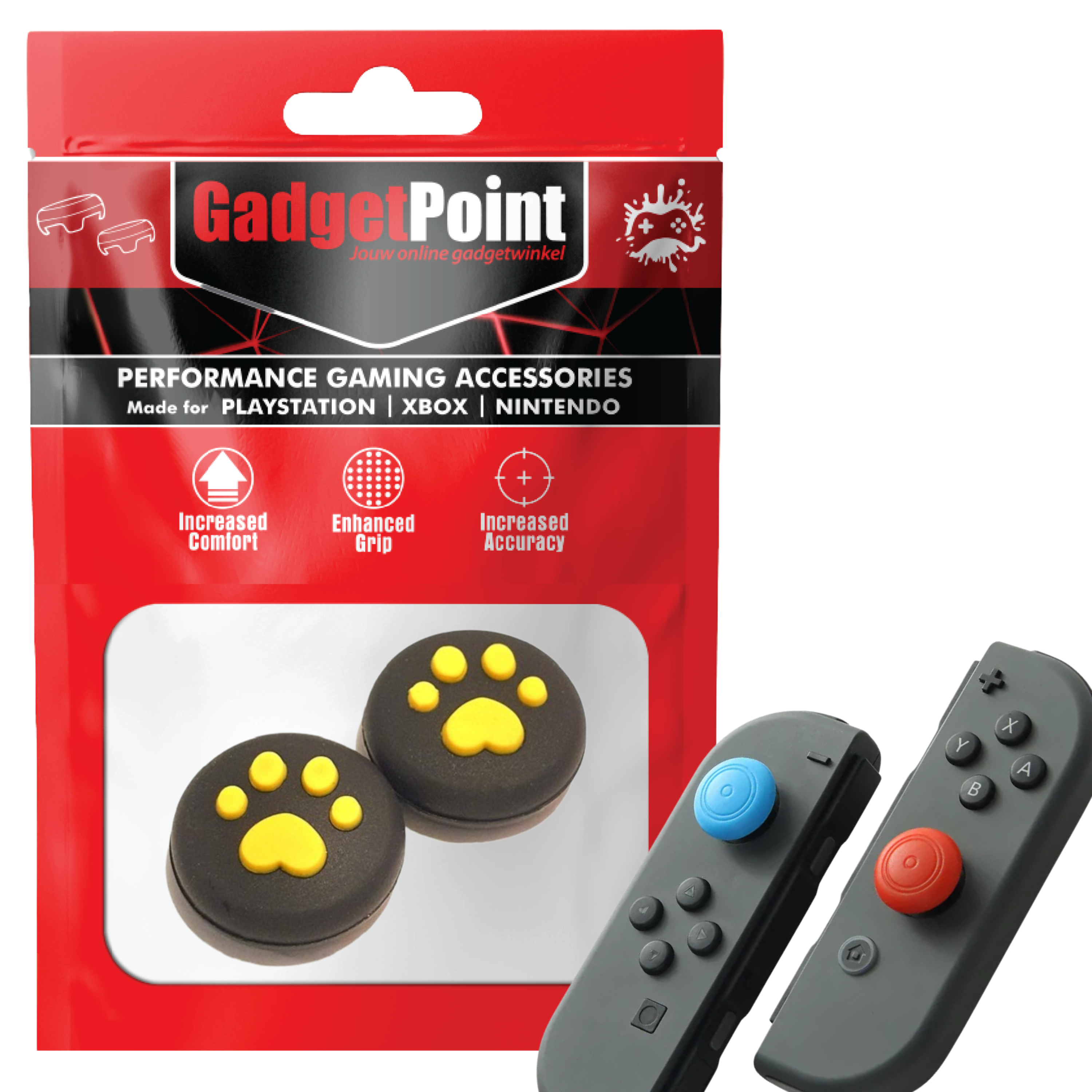 Gaming Thumb Grips | Performance Anti-slip Thumbsticks | Joystick Cap Thumb Grips | Paws - Black with Yellow | Accessories suitable for Nintendo Switch Joy-Con Controllers