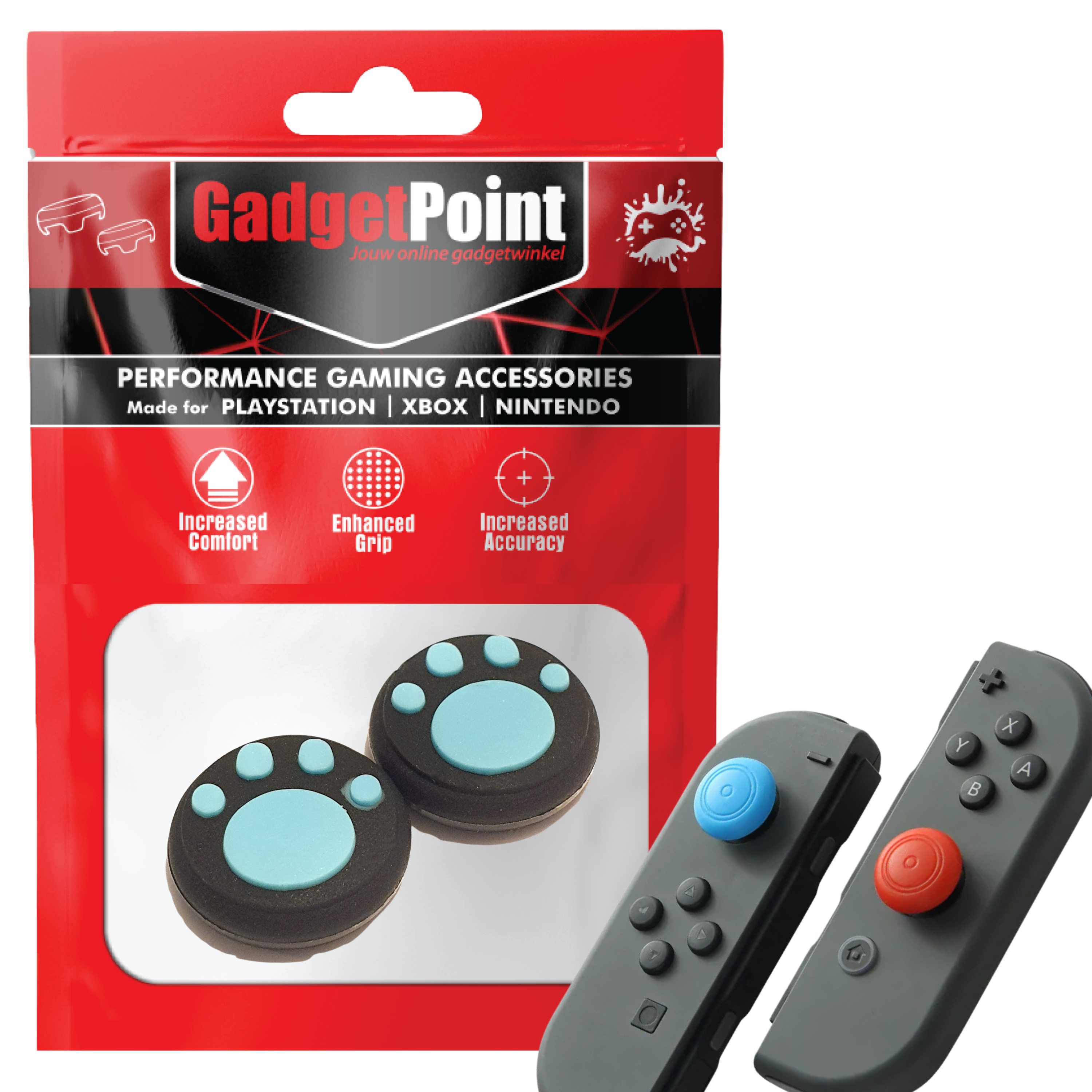 Gaming Thumb Grips | Performance Thumbsticks | Accessoires geschikt voor Nintendo Switch Joy-Con Controller(s) | Thumbgrips | Pootjes - Zwart met Lichtblauw