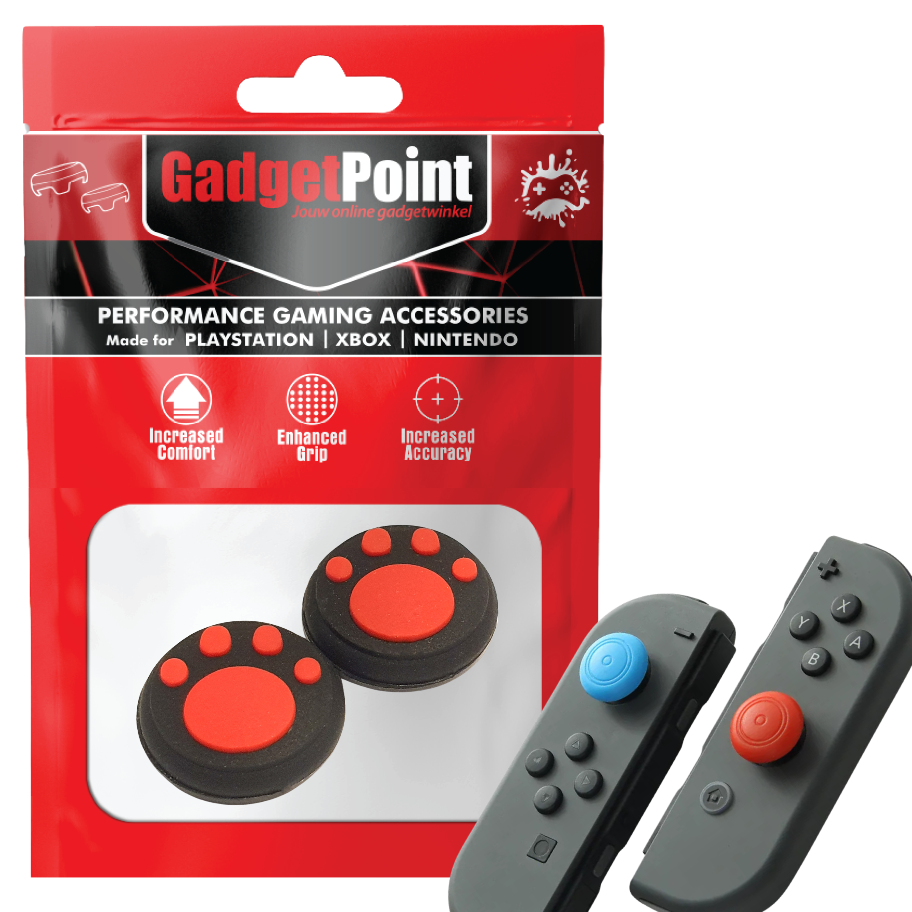 Gaming Thumb Grips | Performance Thumbsticks | Accessoires geschikt voor Nintendo Switch Joy-Con Controller(s) | Thumbgrips | Pootjes - Zwart met Rood