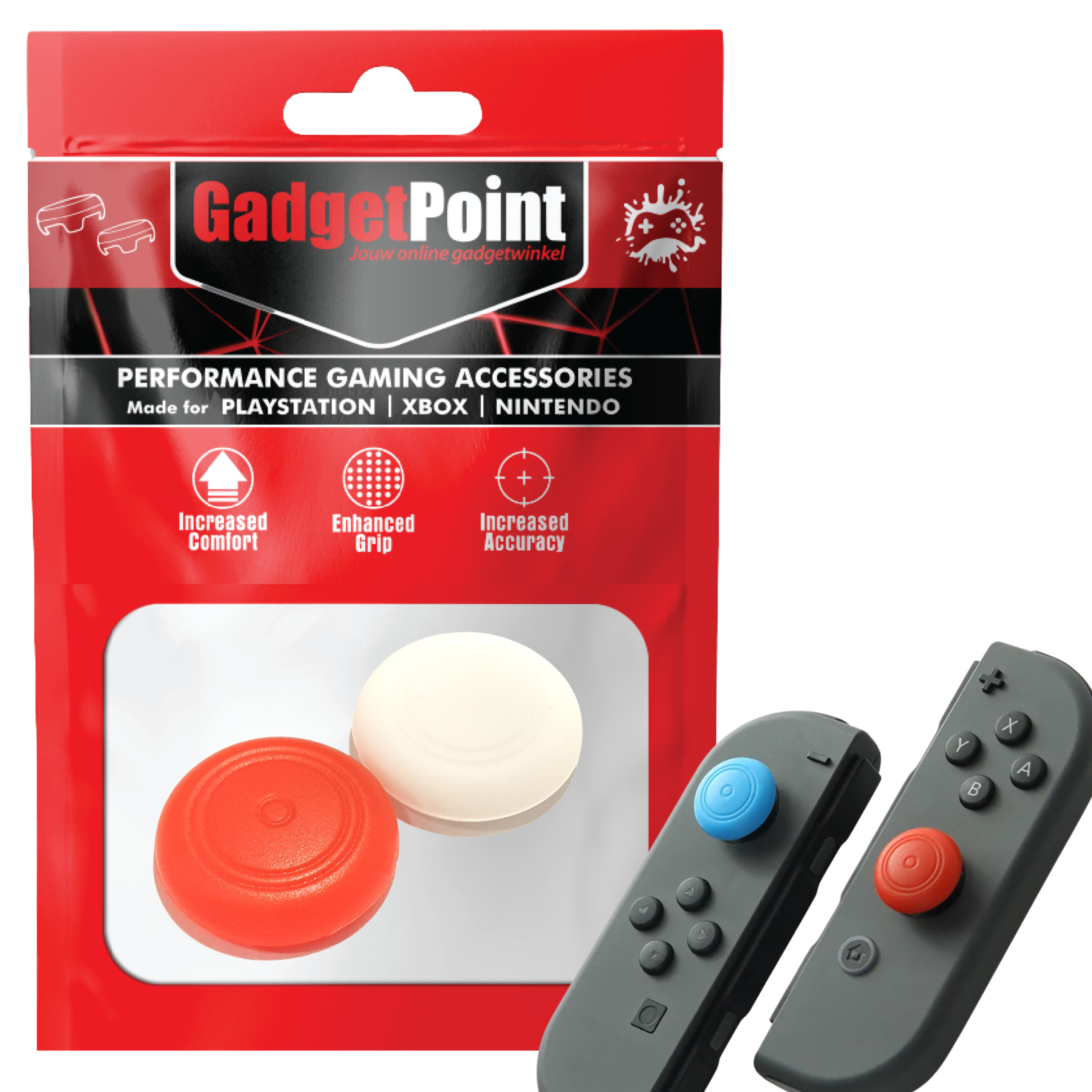 Gaming Thumb Grips | Performance Thumbsticks | Accessoires geschikt voor Nintendo Switch Joy-Con Controller(s) | Thumbgrips | Thumbgrips Wit/Rood