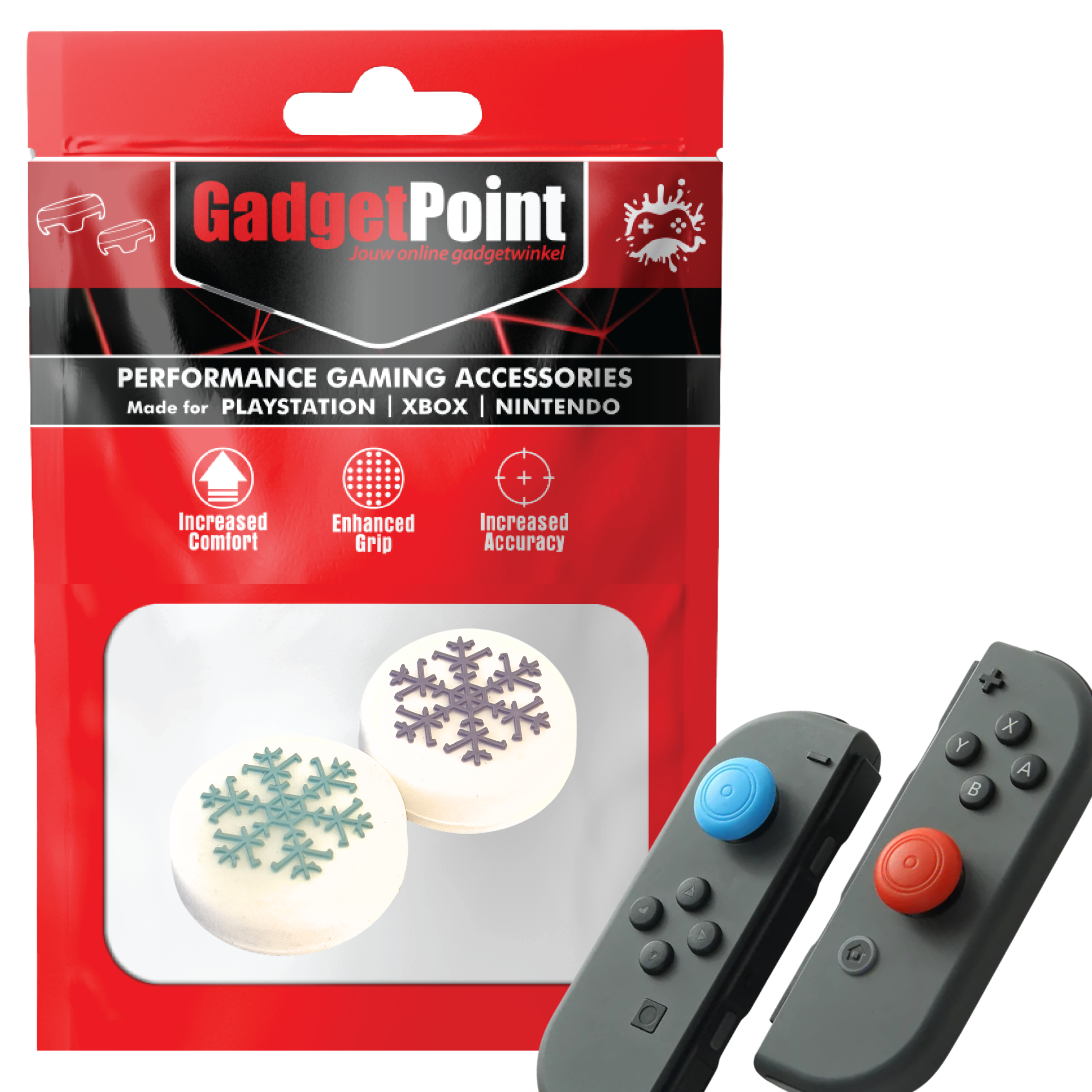 Gaming Thumb Grips | Performance Thumbsticks | Accessoires geschikt voor Nintendo Switch Joy-Con Controller(s) | Thumbgrips | Sneeuwvlokje - Wit met Blauw/Paars