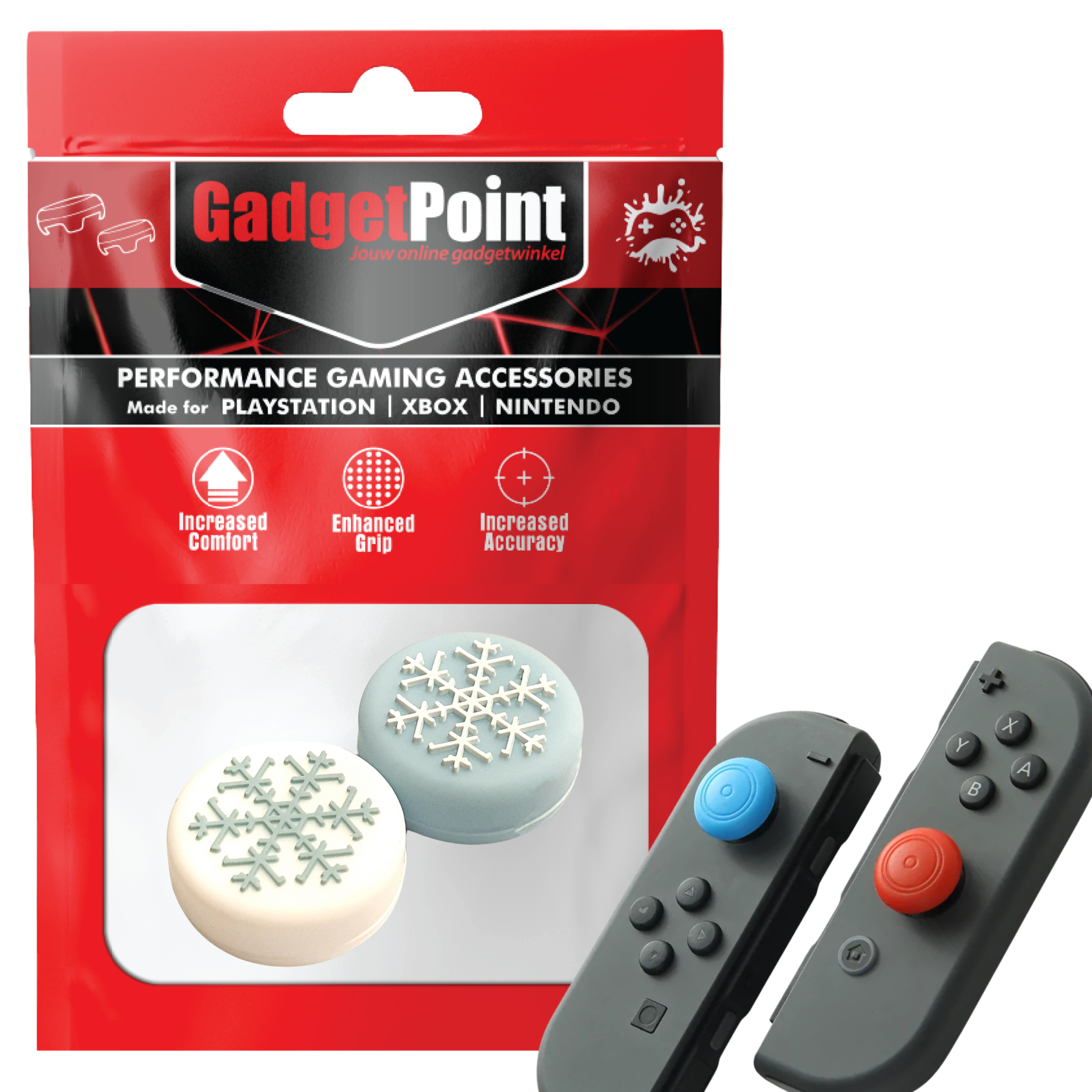 Gaming Thumb Grips | Performance Thumbsticks | Accessoires geschikt voor Nintendo Switch Joy-Con Controller(s) | Thumbgrips | Sneeuwvlokje - Wit/Blauw