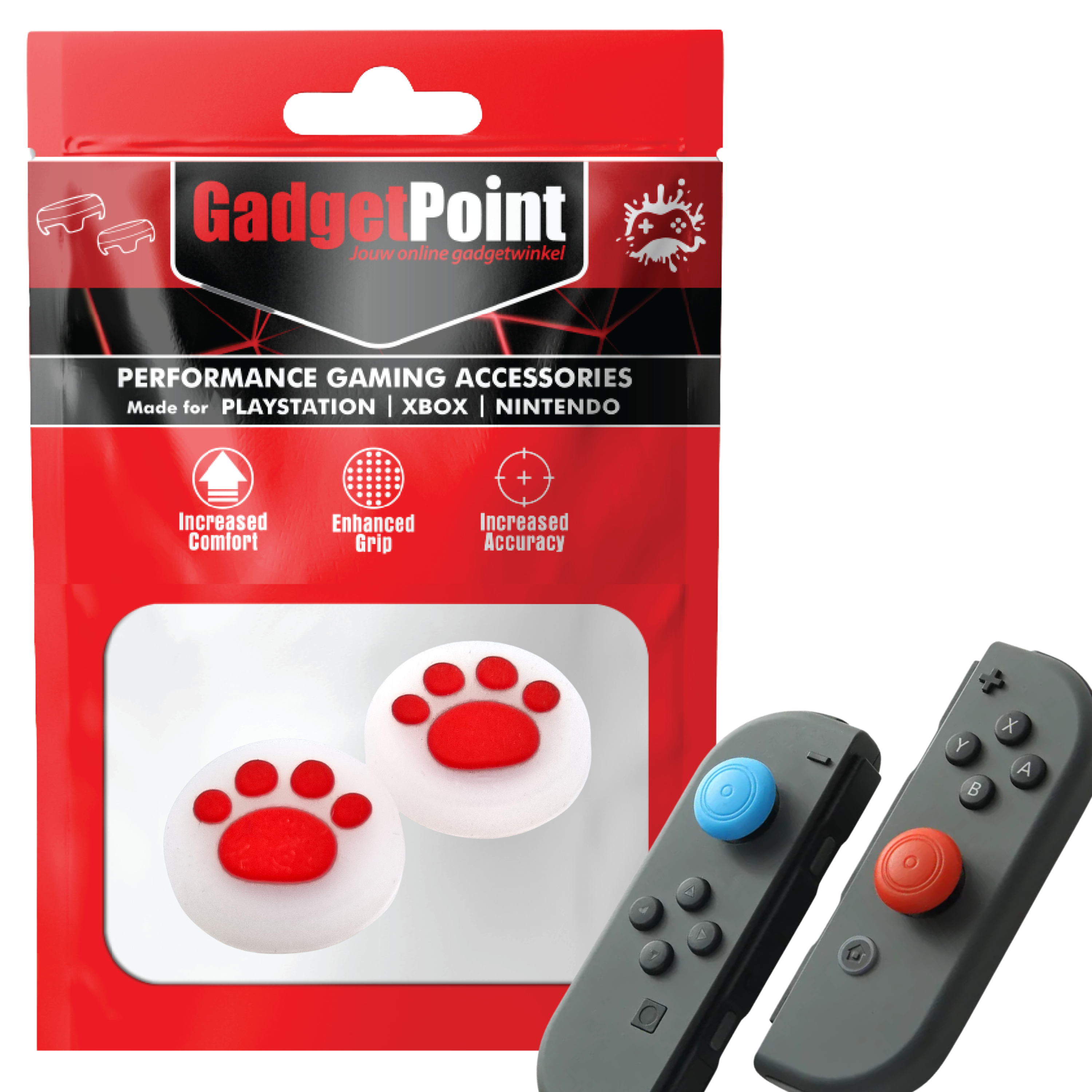 Gaming Thumb Grips | Performance Anti-slip Thumbsticks | Joystick Cap Thumb Grips | Paws - Transparent with Red | Accessories suitable for Nintendo Switch Joy-Con Controllers