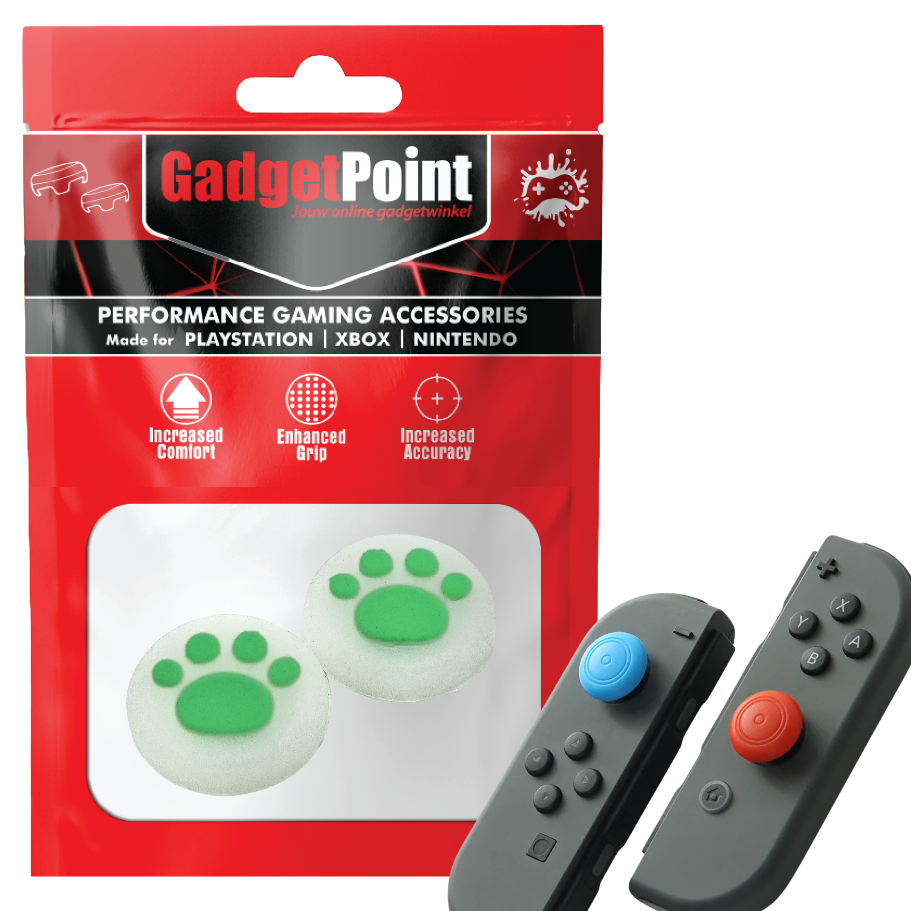 Gaming Thumb Grips | Performance Thumbsticks | Accessoires geschikt voor Nintendo Switch Joy-Con Controller(s) | Thumbgrips | Pootjes - Transparant met Groen