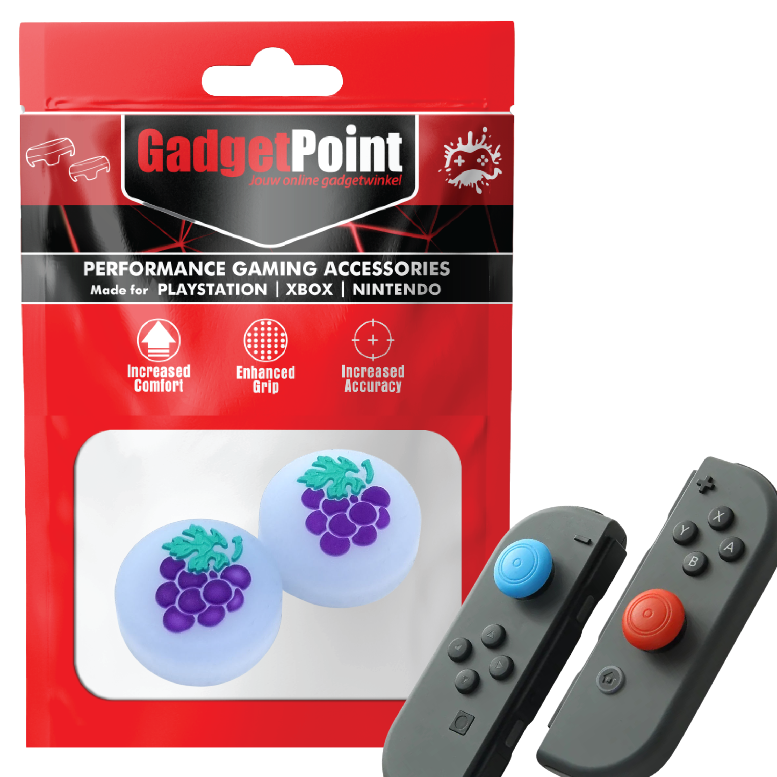 Gaming Thumb Grips | Performance Thumbsticks | Accessoires geschikt voor Nintendo Switch Joy-Con Controller(s) | Thumbgrips | Fruit - Druif grijs