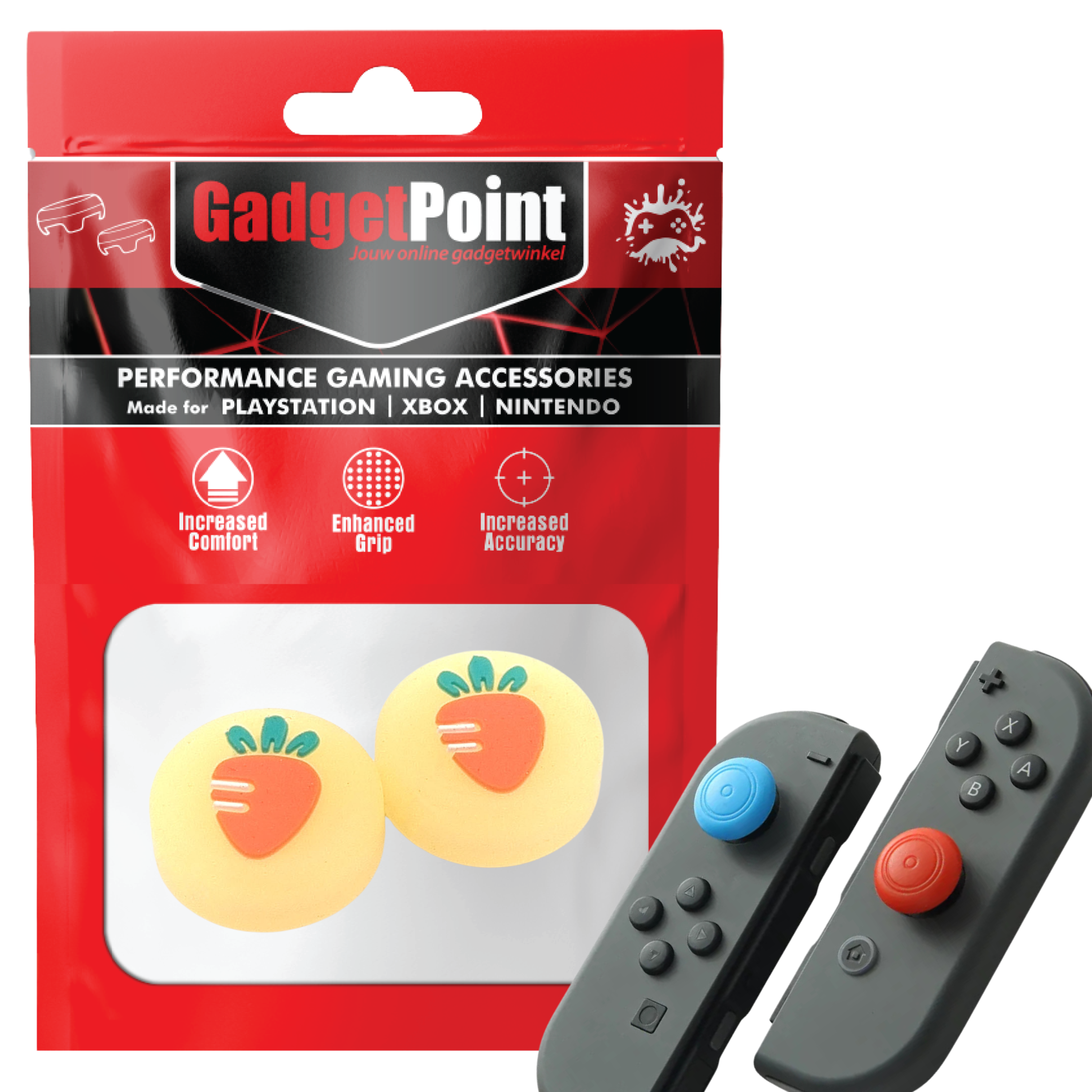 Gaming Thumb Grips | Performance Thumbsticks | Accessoires geschikt voor Nintendo Switch Joy-Con Controller(s) | Thumbgrips | Fruit - Wortel geel