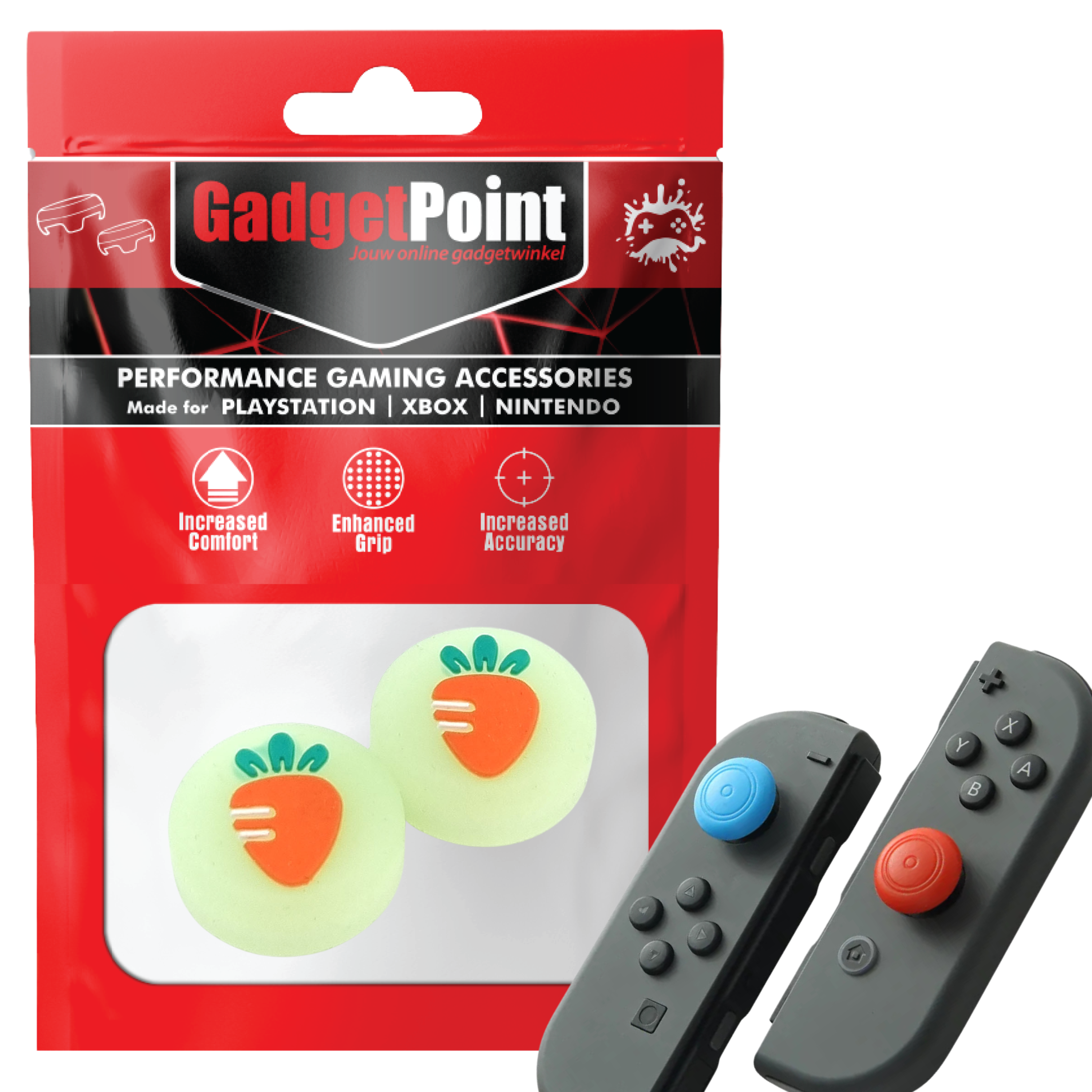 Gaming Thumb Grips | Performance Thumbsticks | Accessoires geschikt voor Nintendo Switch Joy-Con Controller(s) | Thumbgrips | Fruit - Wortel groen