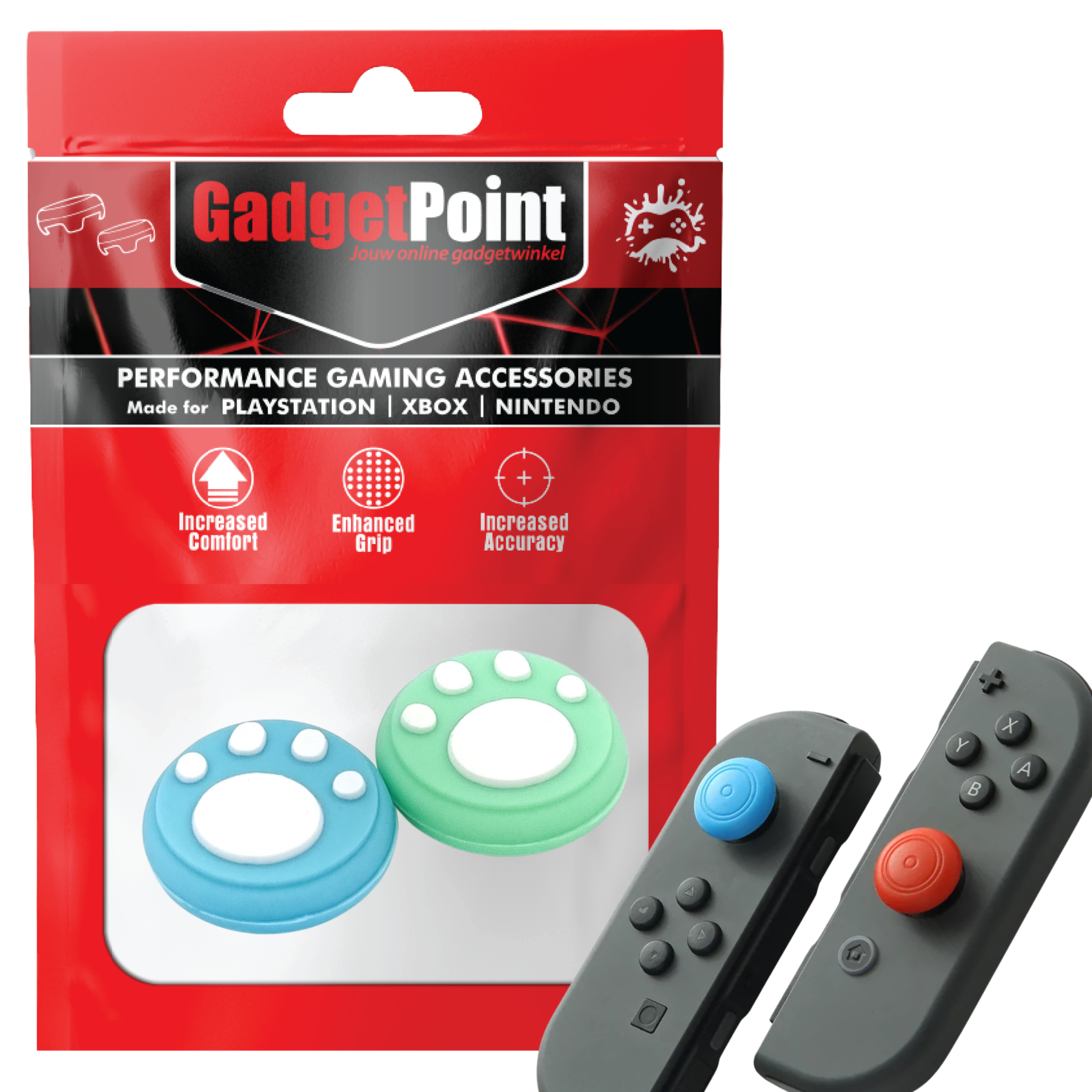 Gaming Thumb Grips | Performance Thumbsticks | Accessoires geschikt voor Nintendo Switch Joy-Con Controller(s) | Thumbgrips | Pootjes - Groen/Blauw met Wit