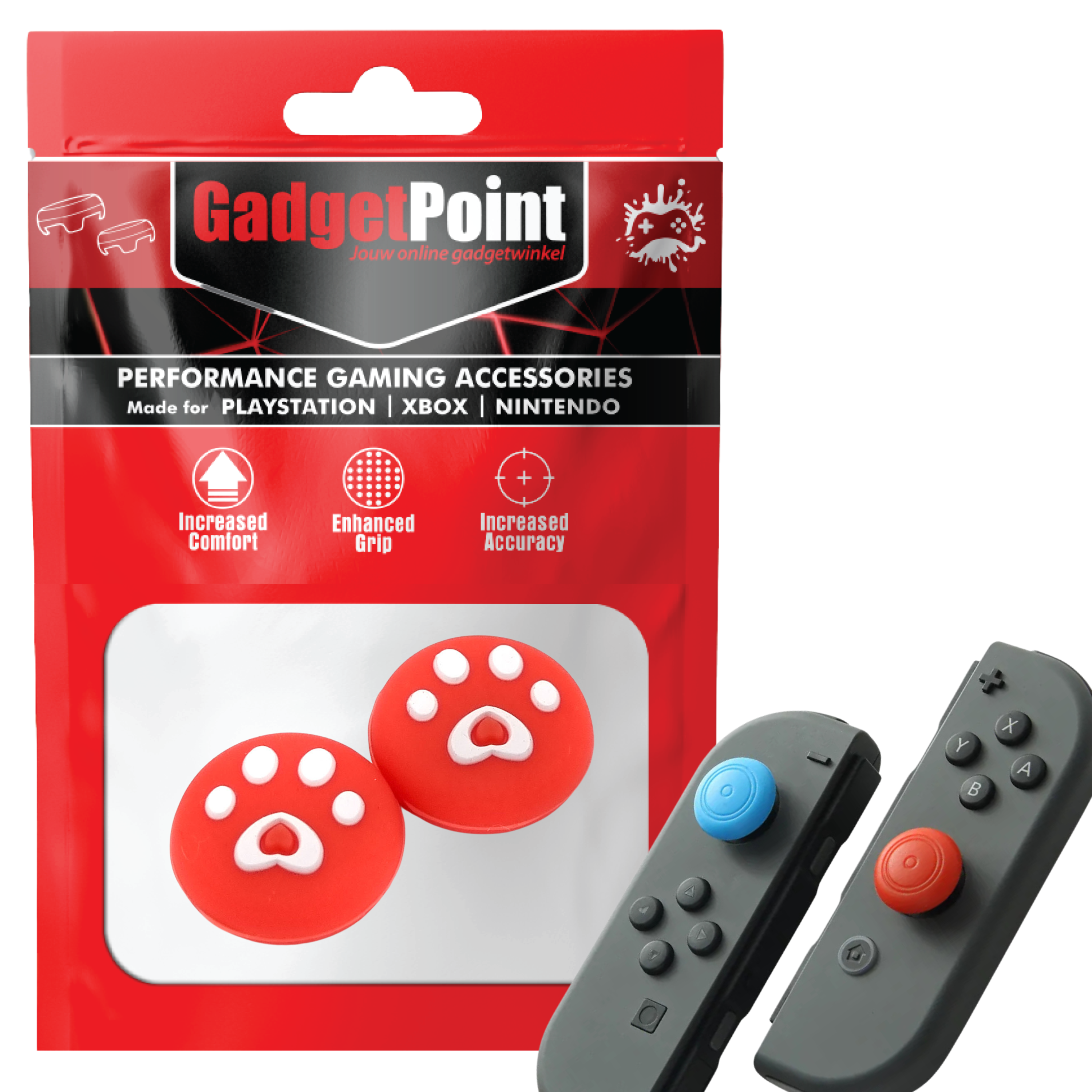 Gaming Thumb Grips | Performance Thumbsticks | Accessoires geschikt voor Nintendo Switch Joy-Con Controller(s) | Thumbgrips | Pootjes - Rood met Wit