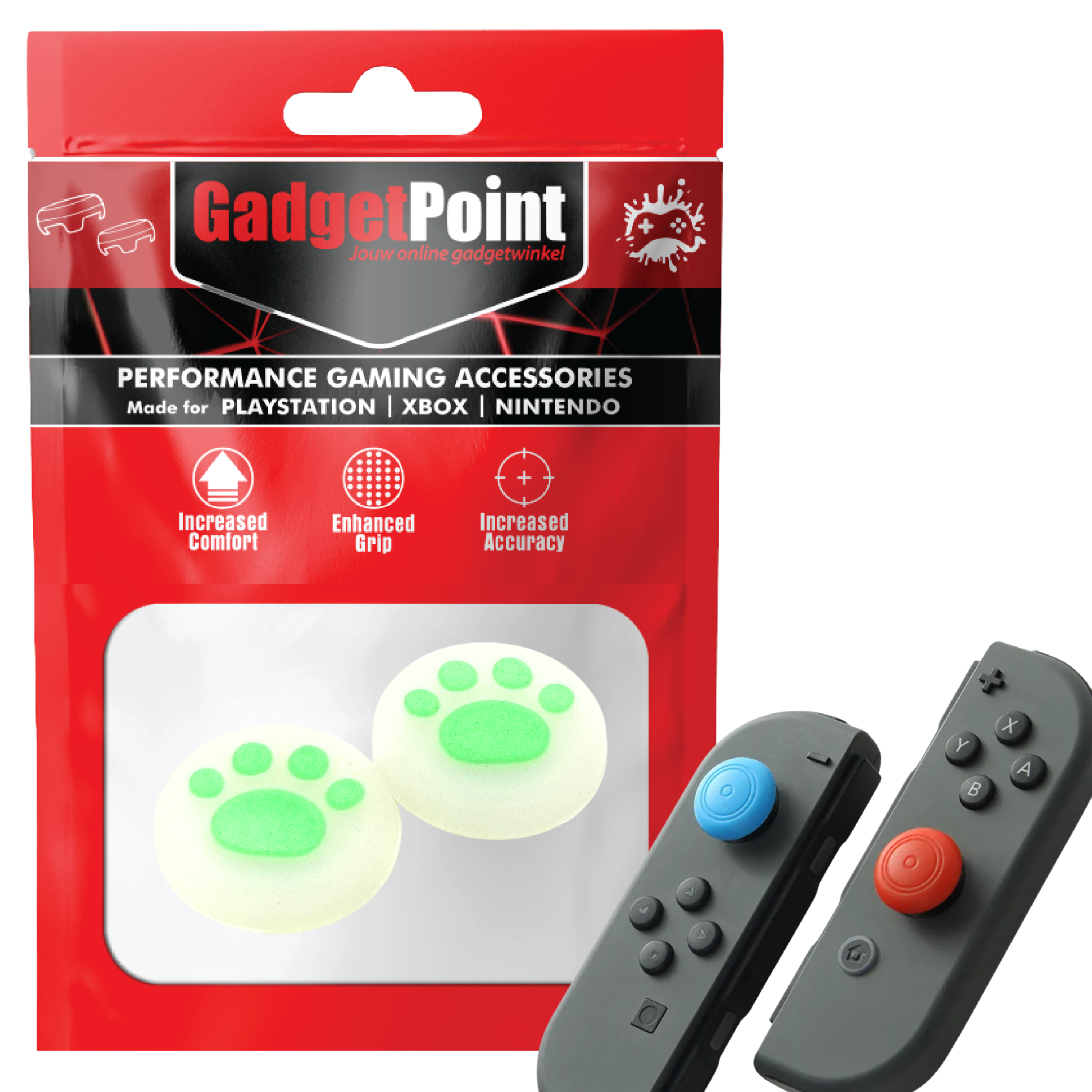 Gaming Thumb Grips | Performance Thumbsticks | Accessoires geschikt voor Nintendo Switch Joy-Con Controller(s) | Thumbgrips | Pootjes - Transparant/Groen