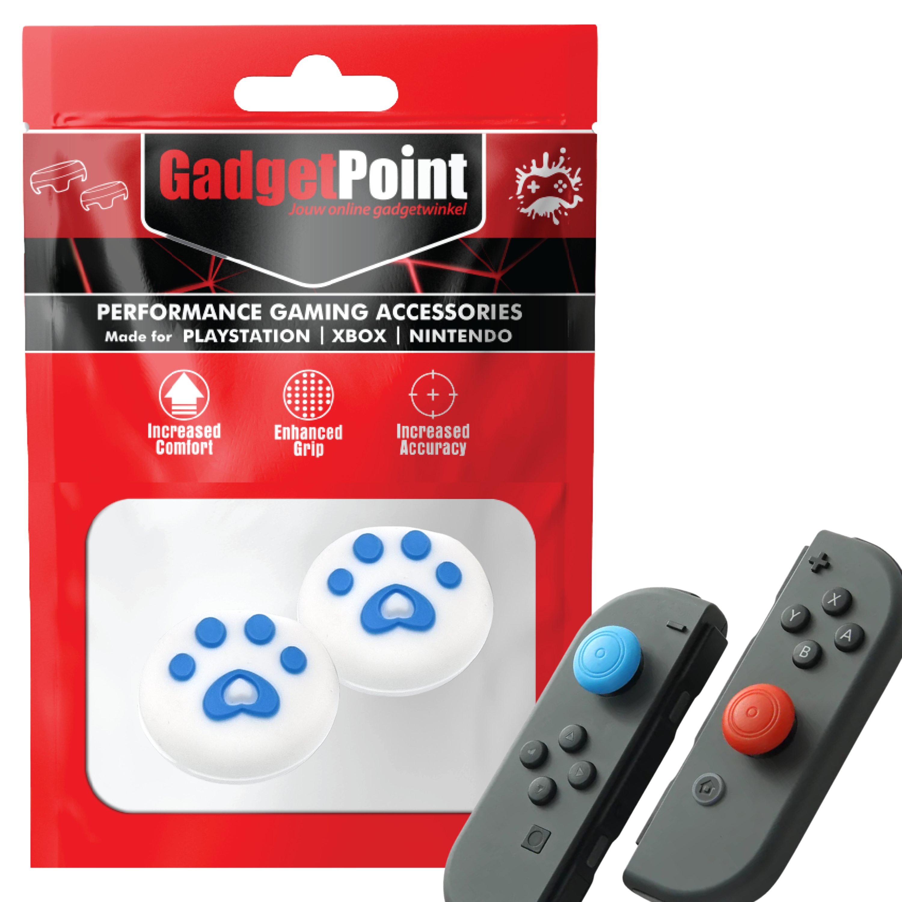 Gaming Thumb Grips | Performance Thumbsticks | Accessoires geschikt voor Nintendo Switch Joy-Con Controller(s) | Thumbgrips | Pootjes - Wit met Blauw