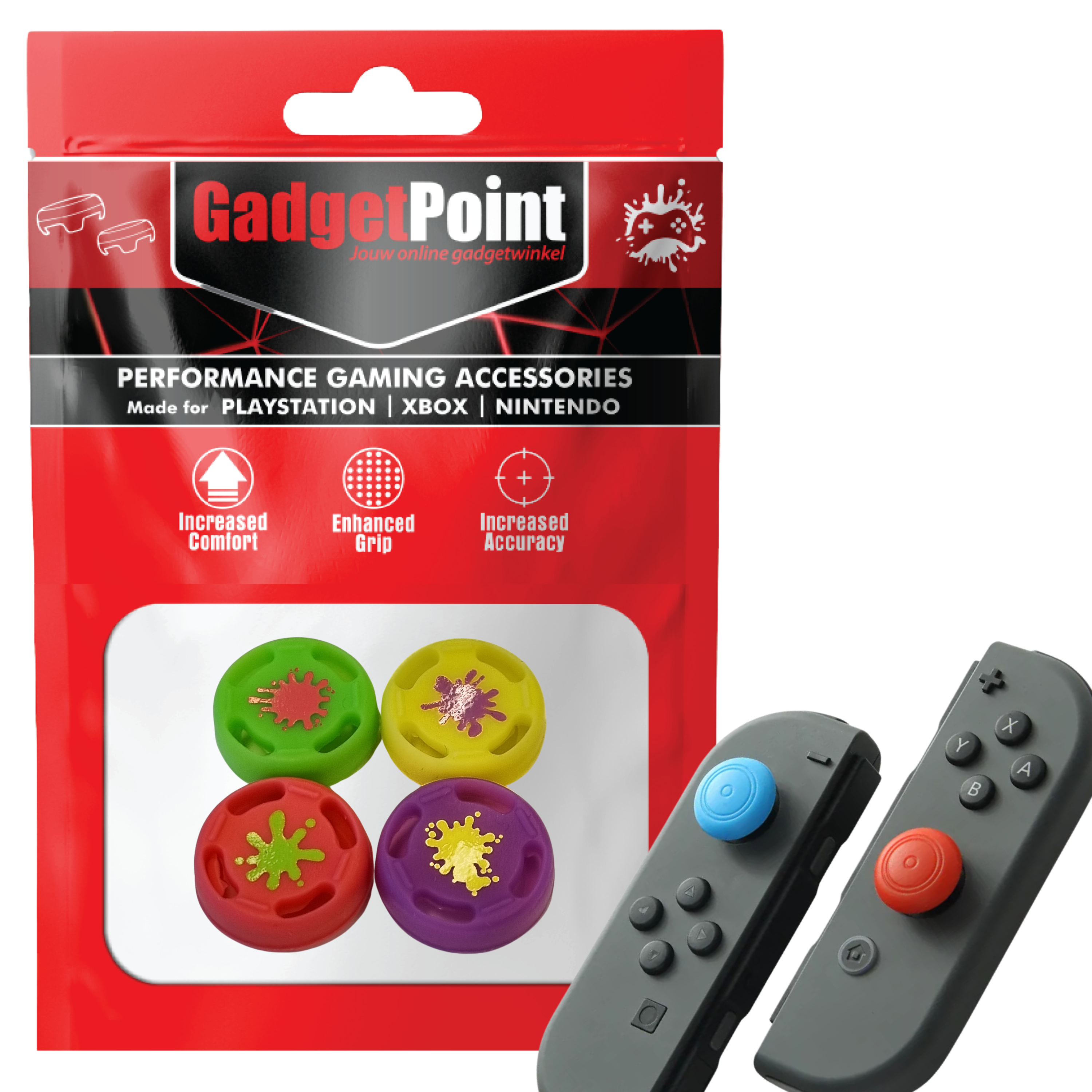 Gaming Thumb Grips | Performance Thumbsticks | Accessoires geschikt voor Nintendo Switch Joy-Con Controller(s) | Thumbgrips | Splash - Roze/Groen/Geel/Paars