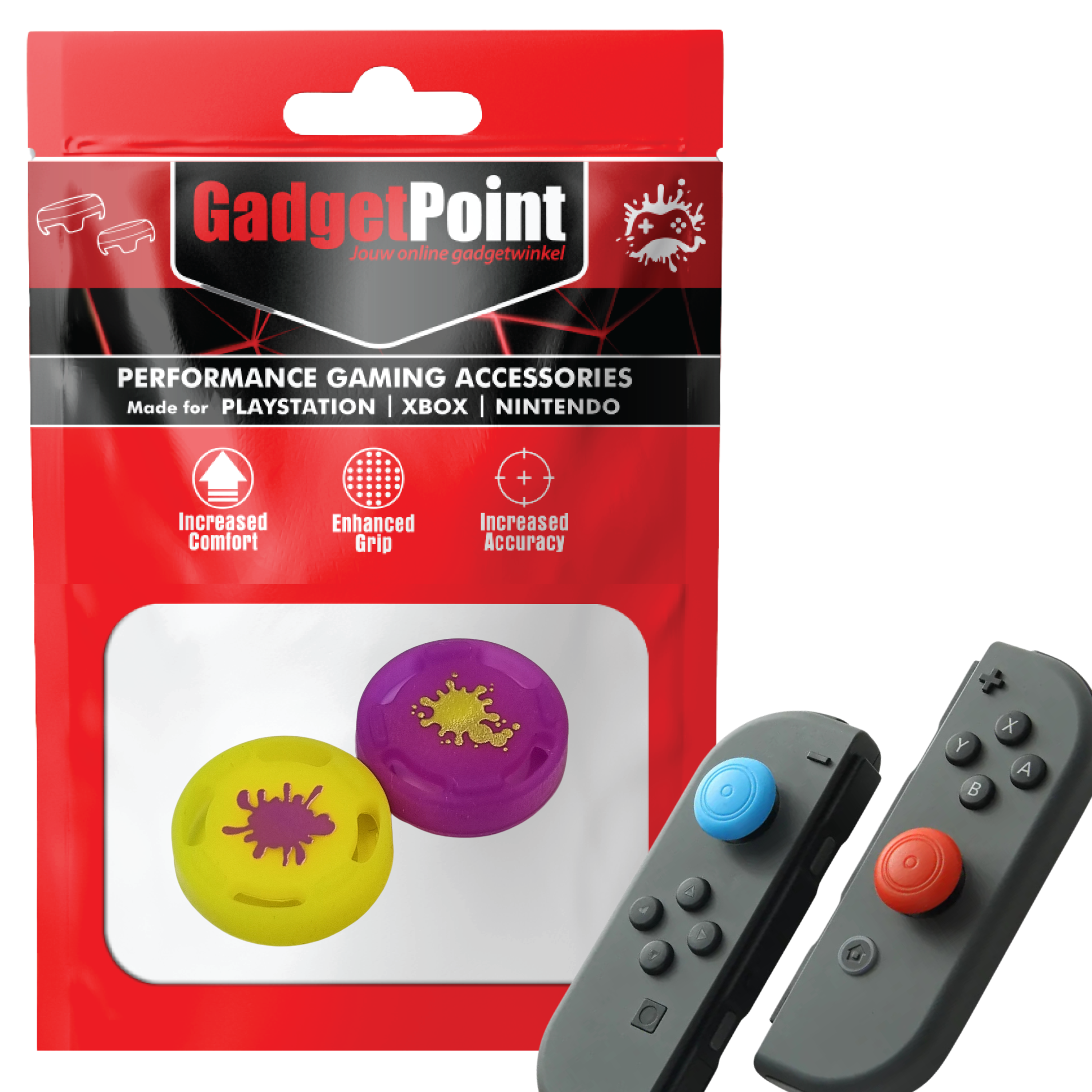 Gaming Thumb Grips | Performance Anti-slip Thumbsticks | Joystick Cap Thumb Grips | Splash - Yellow/Purple | Accessories suitable for Nintendo Switch Joy-Con Controllers