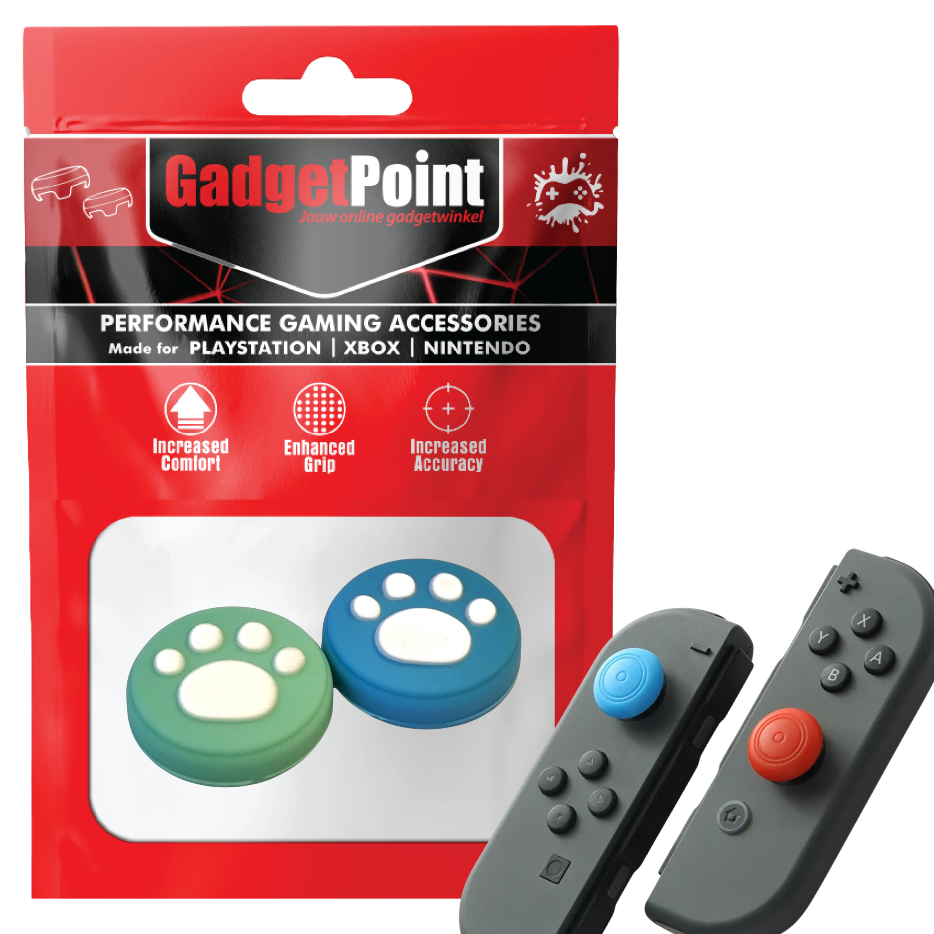 Gaming Thumb Grips | Performance Anti-slip Thumbsticks | Joystick Cap Thumb Grips | Paws - Green/Blue with White | Accessories suitable for Nintendo Switch Joy-Con Controllers