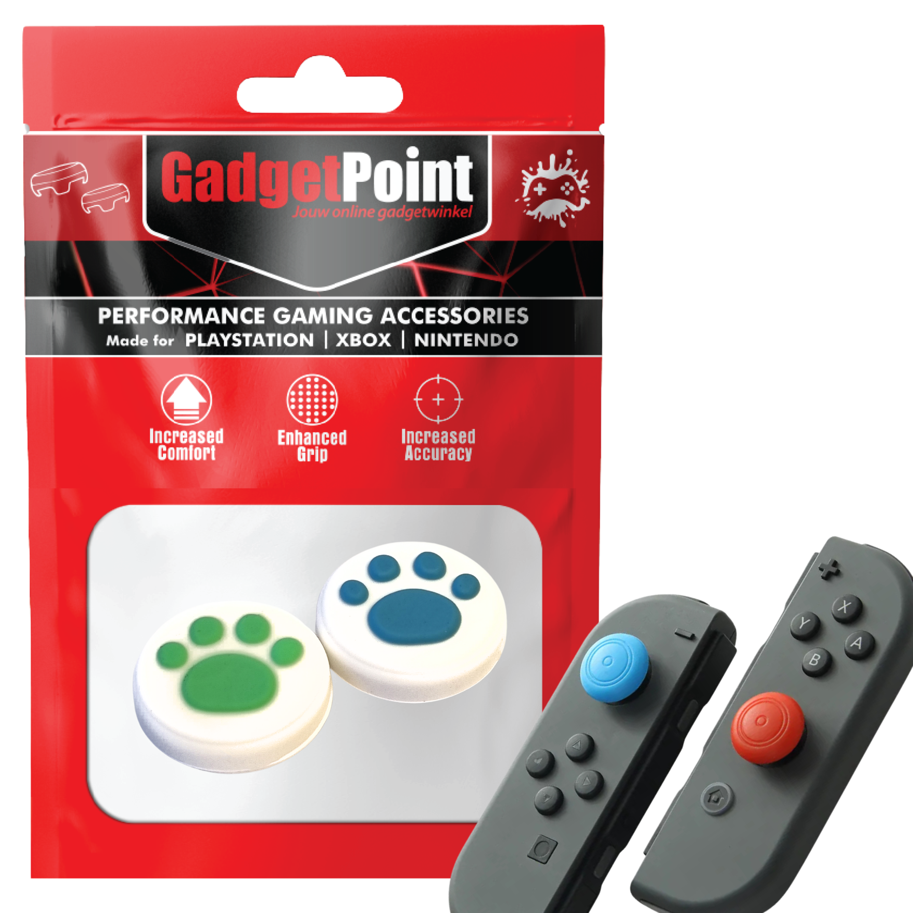 Gaming Thumb Grips | Performance Anti-slip Thumbsticks | Joystick Cap Thumb Grips | Paws - White with Green/Blue | Accessories suitable for Nintendo Switch Joy-Con Controllers