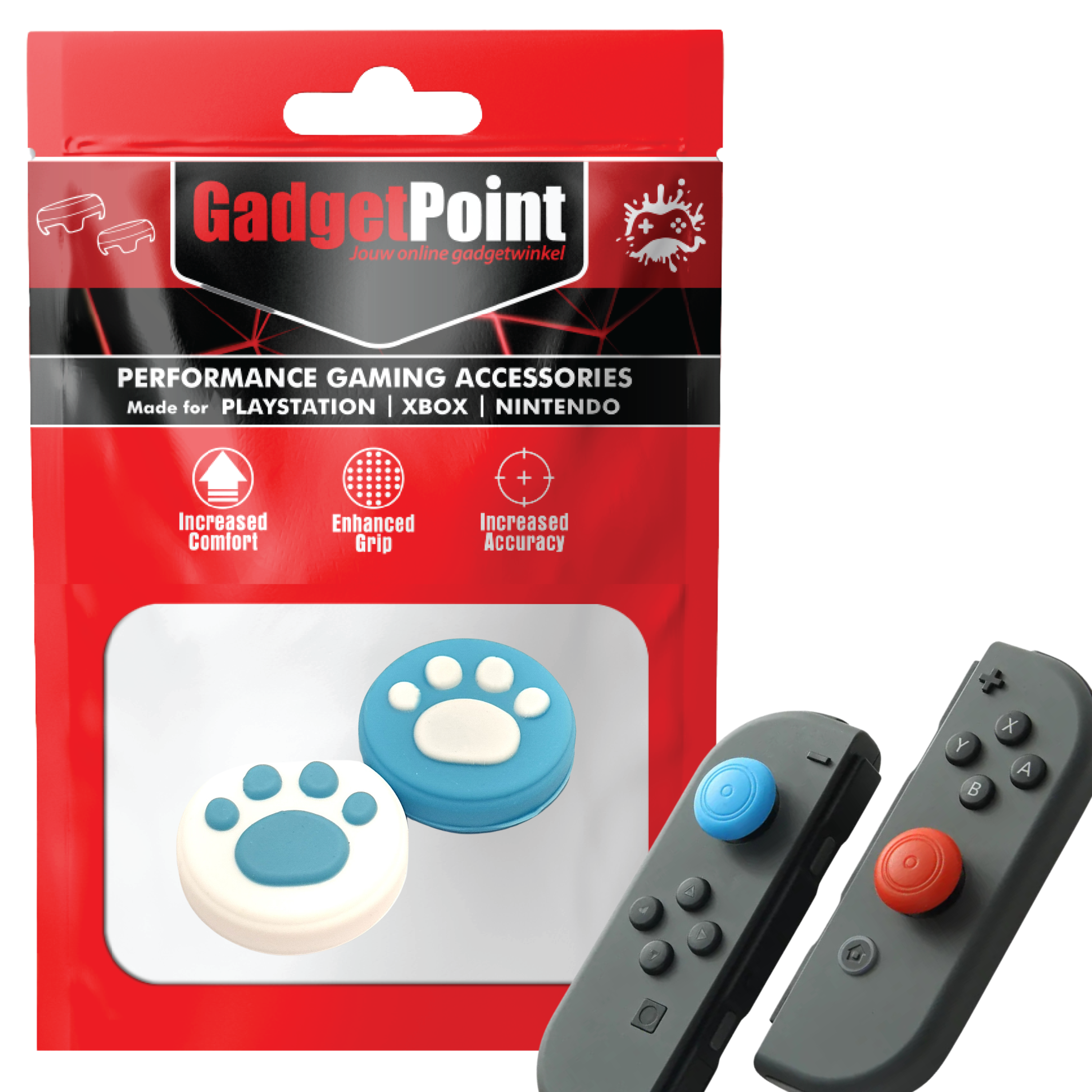 Gaming Thumb Grips | Performance Thumbsticks | Accessoires geschikt voor Nintendo Switch Joy-Con Controller(s) | Thumbgrips | Pootjes - Pootjes - Blauw met Wit/Wit met Blauw