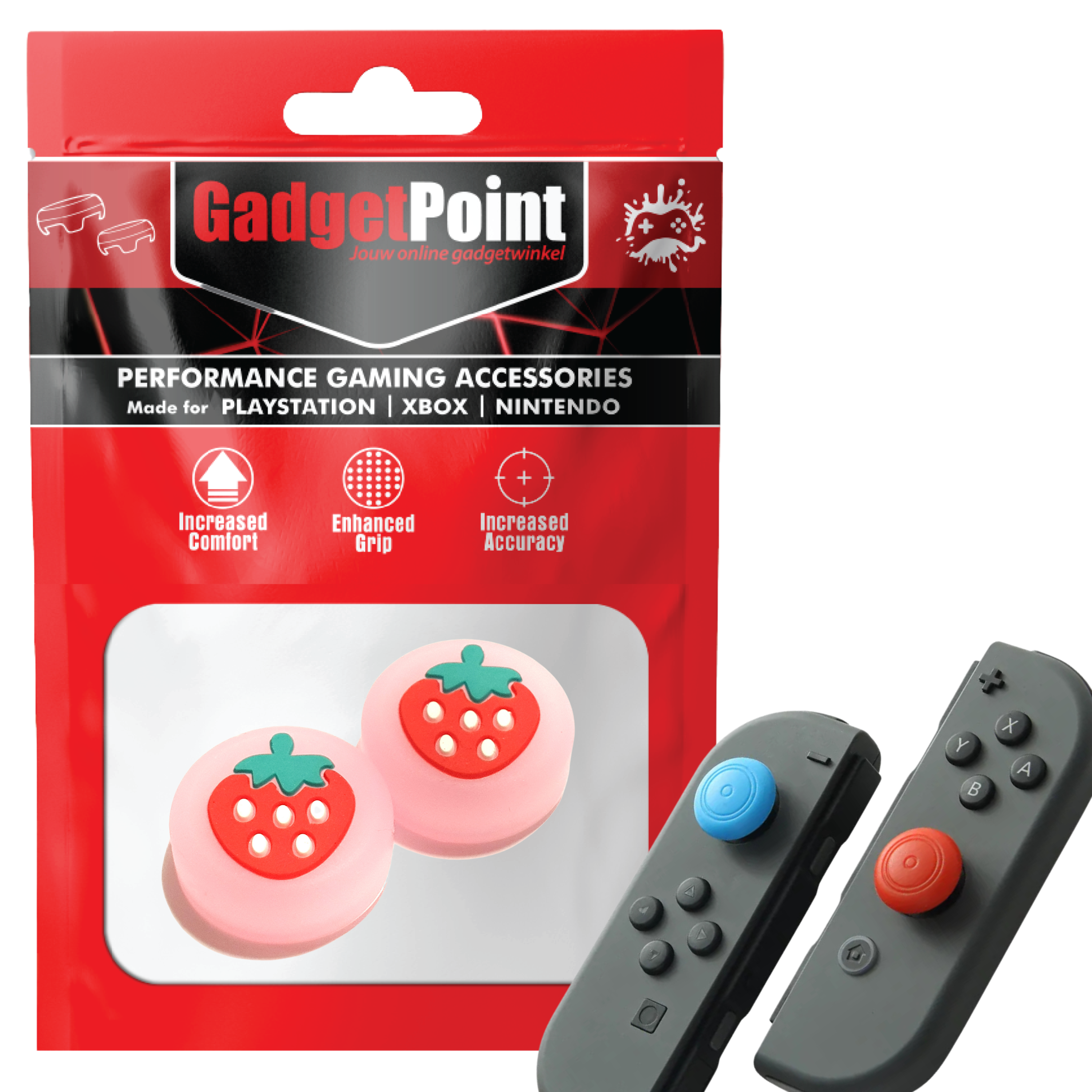 Gaming Thumb Grips | Performance Thumbsticks | Accessoires geschikt voor Nintendo Switch Joy-Con Controller(s) | Thumbgrips | Aardbeien - Roze met Rood