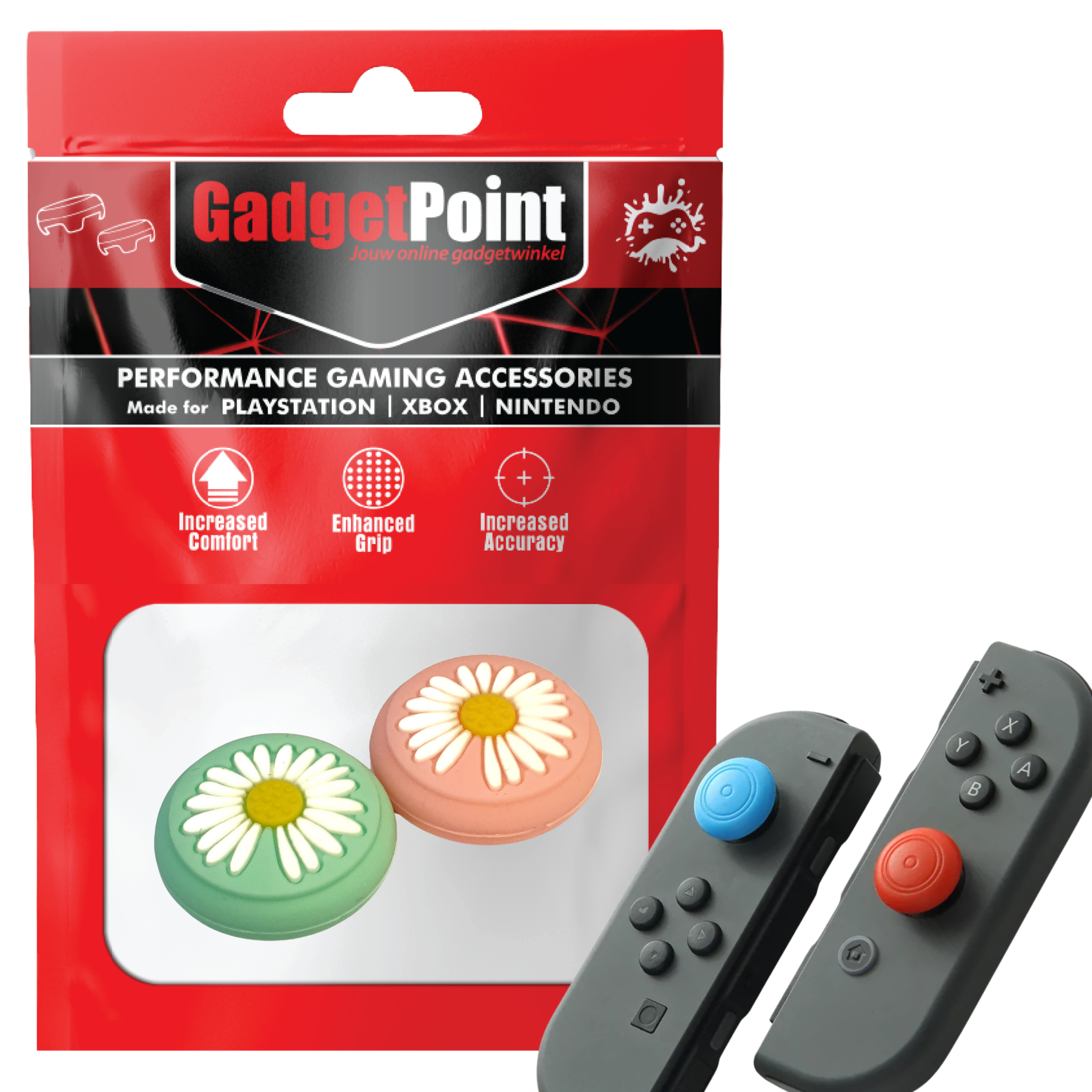 Gaming Thumb Grips | Performance Anti-slip Thumbsticks | Joystick Cap Thumb Grips | Flowers - Green/Pink | Accessories suitable for Nintendo Switch Joy-Con Controllers
