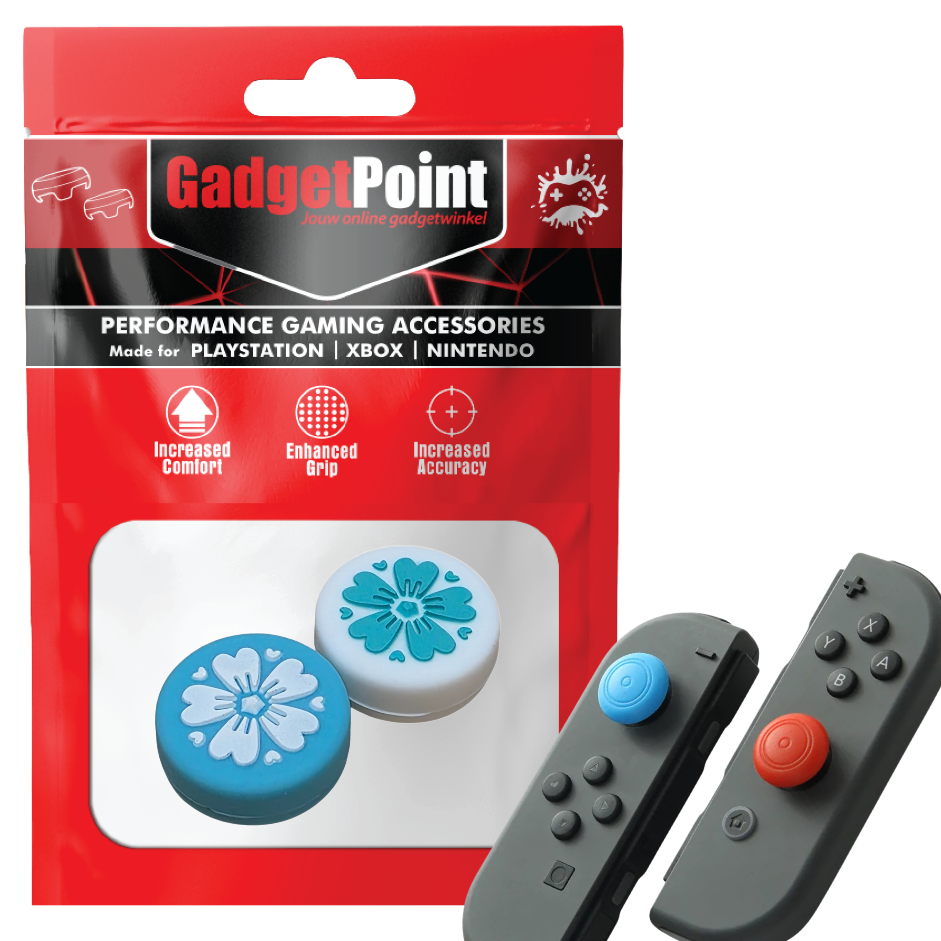 Thumb Grips for Nintendo Switch Joy-Con Controllers - Gaming Thumbgrips - Performance Thumbsticks - Anti-Slip Joystick Caps - Protection Accessories - Flowers - Blue/White