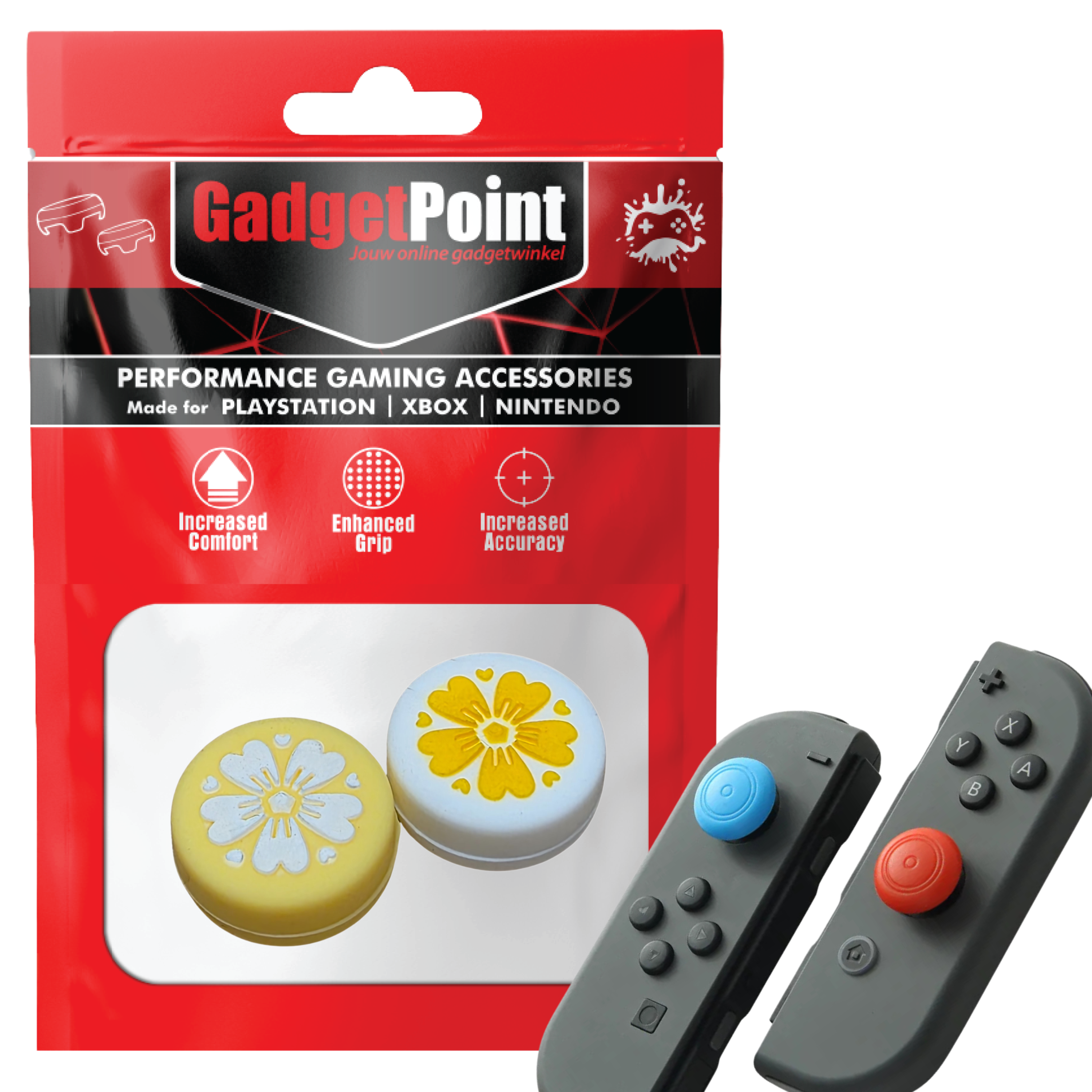 Thumb Grips voor Nintendo Switch Joy-Con Controllers - Gaming Thumbgrips - Performance Thumbsticks - Anti-Slip Joystick Caps - Bescherming Accessoires - Bloemetjes - Geel/Wit