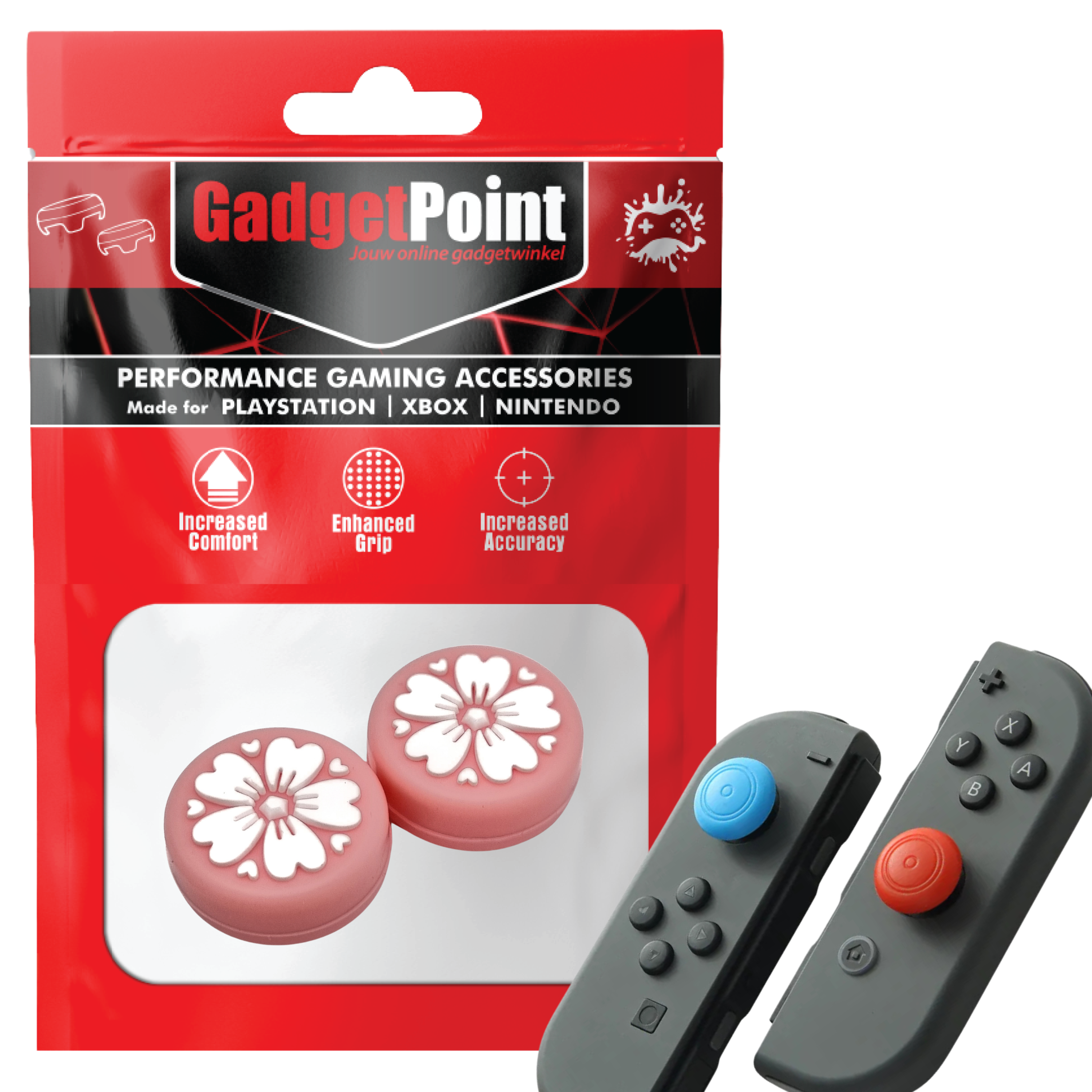Gaming Thumb Grips | Performance Thumbsticks | Accessoires geschikt voor Nintendo Switch Joy-Con Controller(s) | Thumbgrips | Bloemetjes Roze met Wit