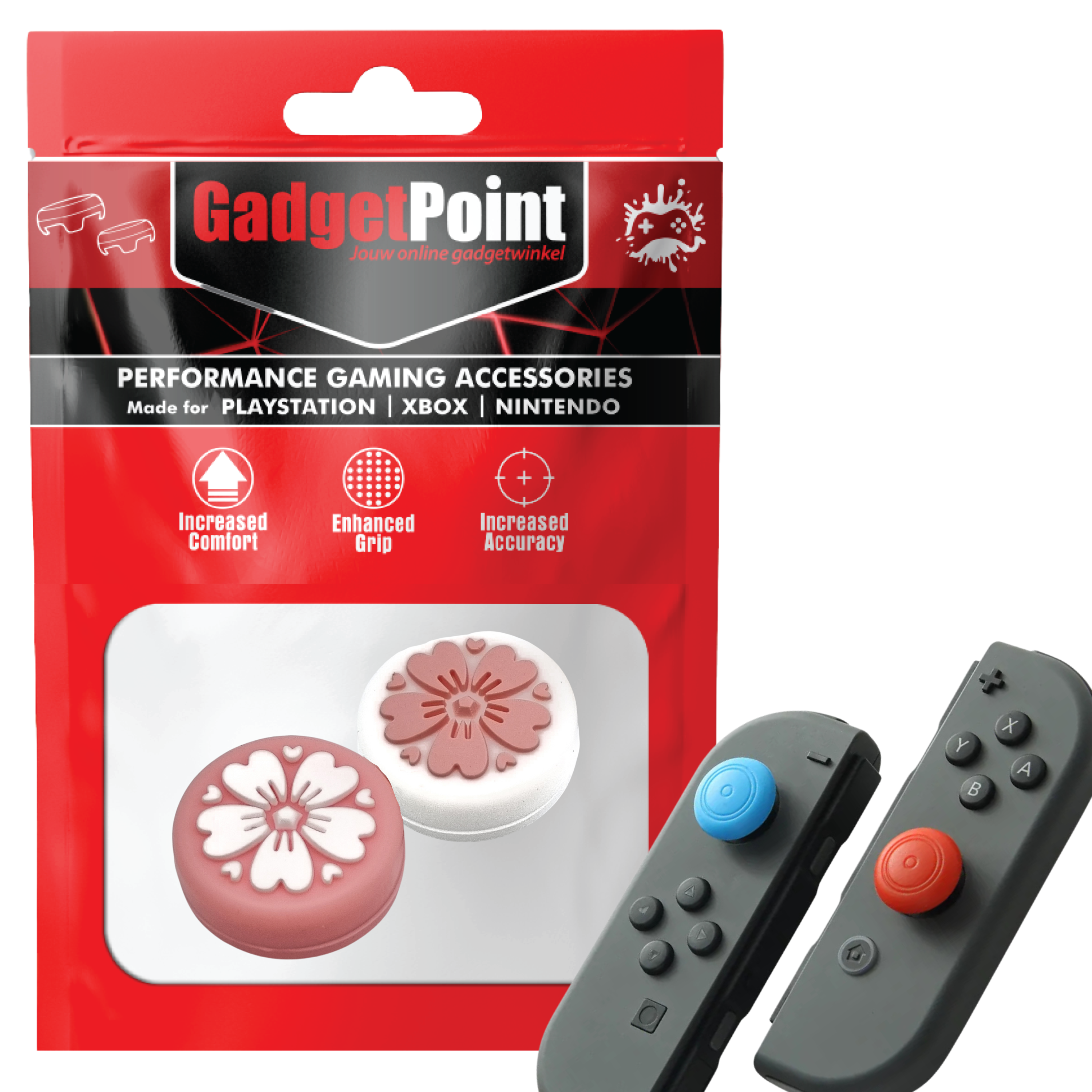 Gaming Thumb Grips | Performance Thumbsticks | Accessoires geschikt voor Nintendo Switch Joy-Con Controller(s) | Thumbgrips | Bloemetjes Roze/Wit