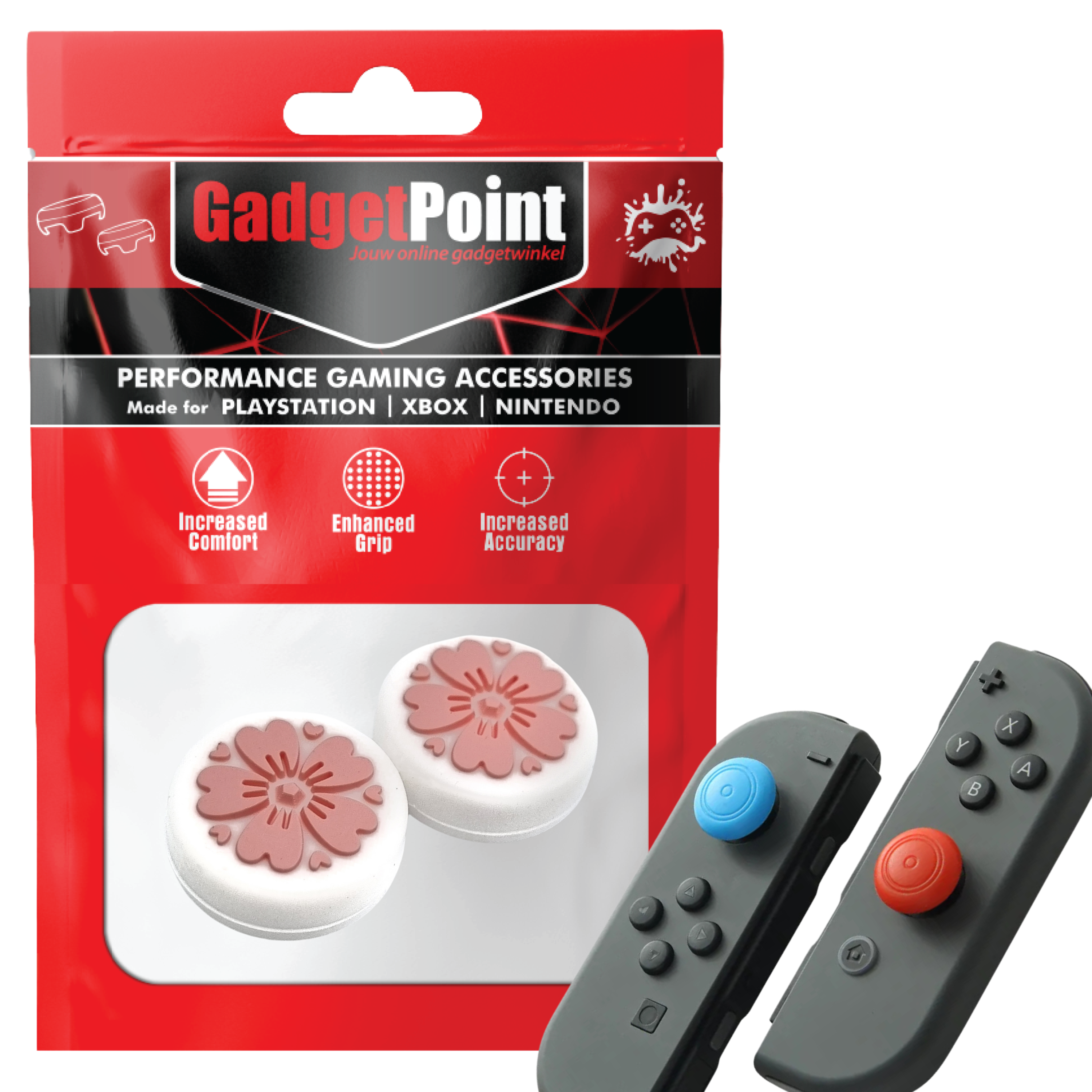 Gaming Thumb Grips | Performance Thumbsticks | Accessoires geschikt voor Nintendo Switch Joy-Con Controller(s) | Thumbgrips | Bloemetjes Wit met Roze