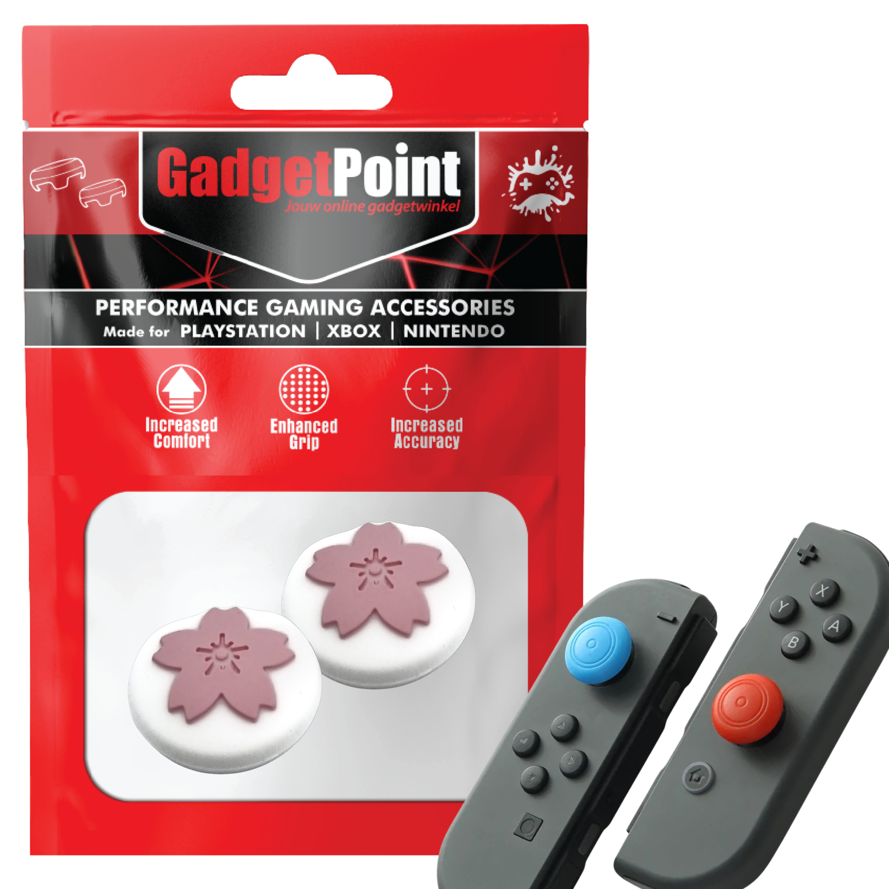 Gaming Thumb Grips | Performance Anti-slip Thumbsticks | Joystick Cap Thumb Grips | Flowers - White with Pink | Accessories suitable for Nintendo Switch Joy-Con Controllers