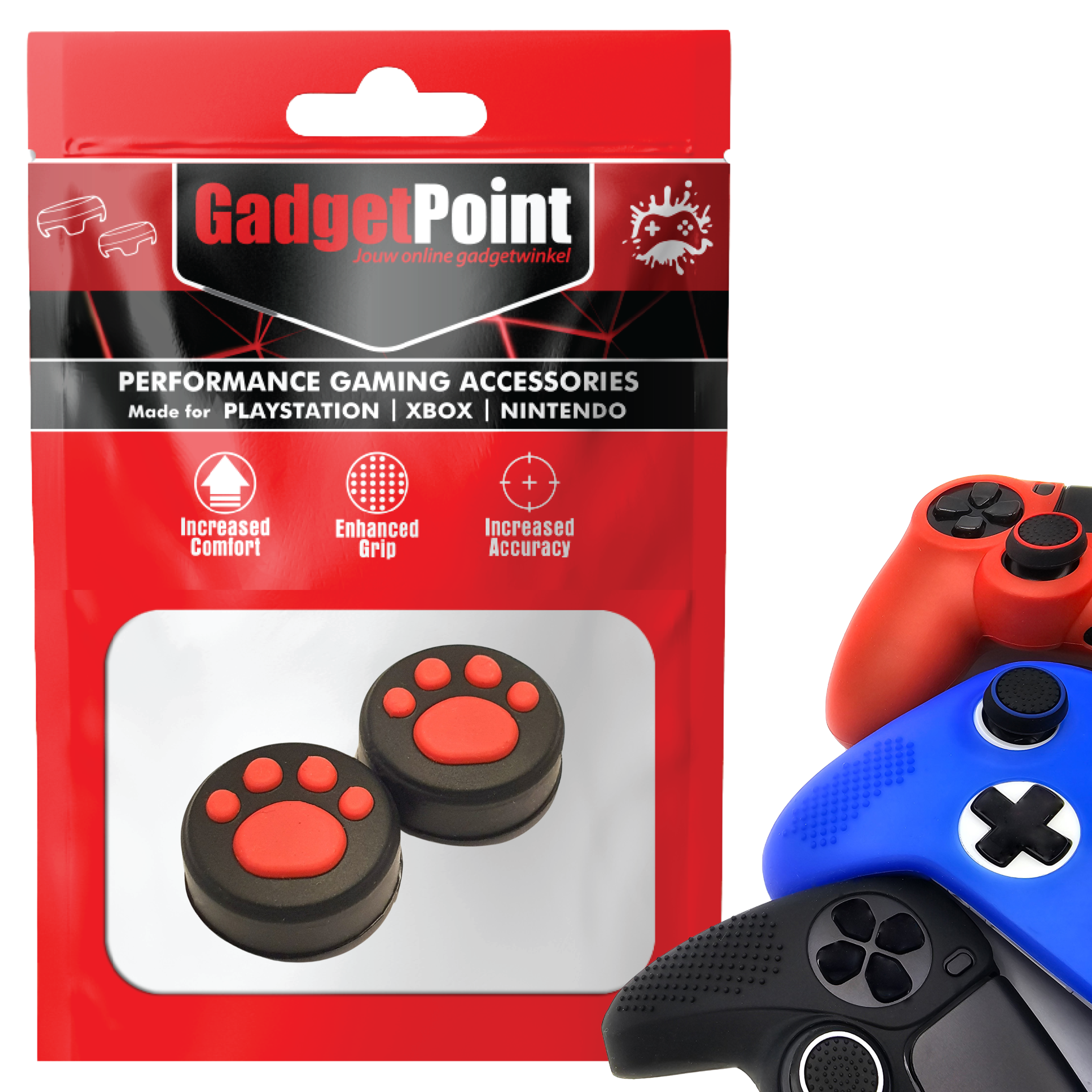 Gaming Thumb Grips | Performance Anti-slip Thumbsticks | Joystick Cap Thumb Grips | Paws - Black with Red | Accessories suitable for Playstation PS4 PS5 &amp; Xbox &amp; Nintendo Pro Controller