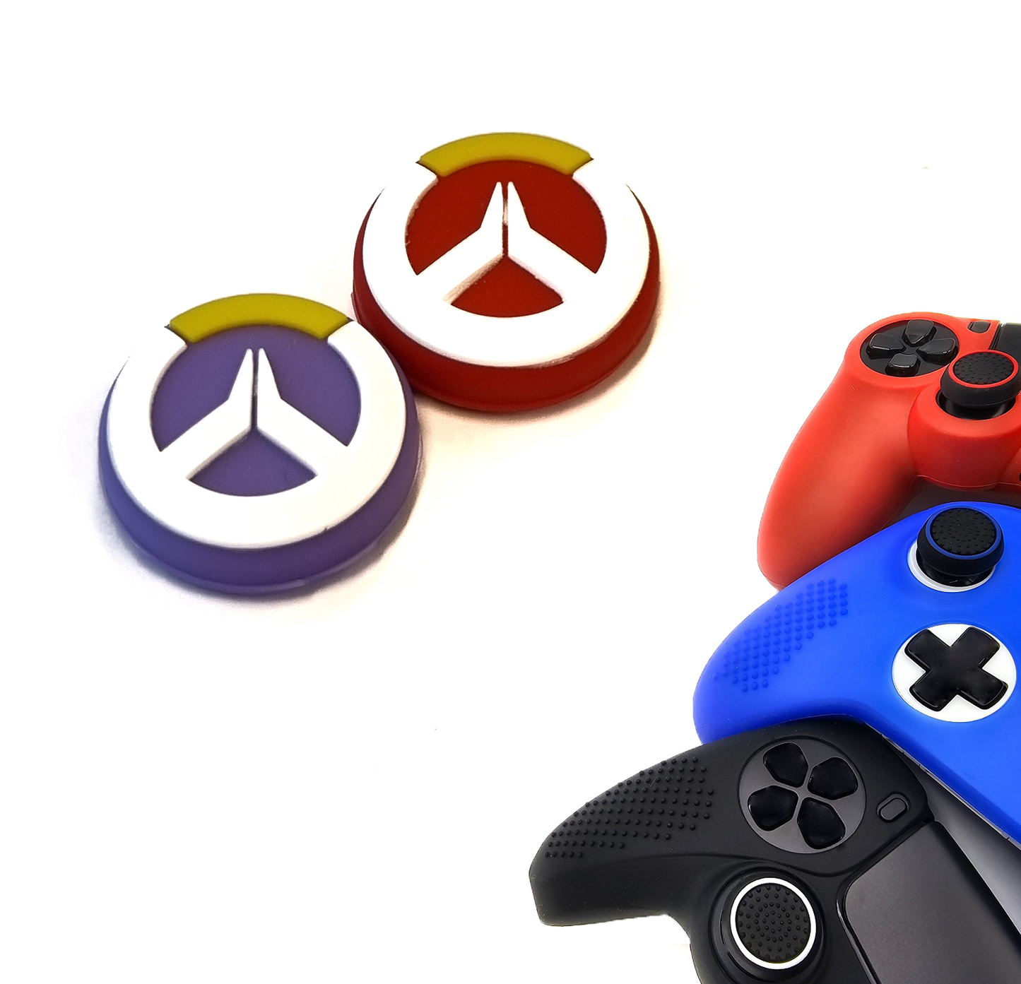 Gaming Thumb Grips | Performance Anti-slip Thumbsticks | Joystick Cap Thumb Grips | Purple/Red with White/Yellow | Accessories suitable for Playstation PS4 PS5 &amp; Xbox &amp; Nintendo Pro Controller