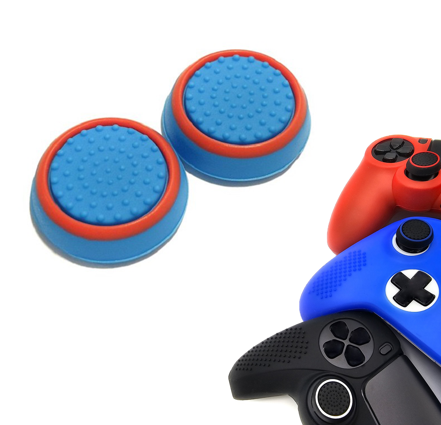 Gaming Thumb Grips | Performance Thumbsticks | Accessoires geschikt voor Playstation (PS4, PS5) & Xbox (360, One, Series X/S) & Nintendo Switch Pro Controller(s) | Thumbgrips | Blauw met rode cirkel