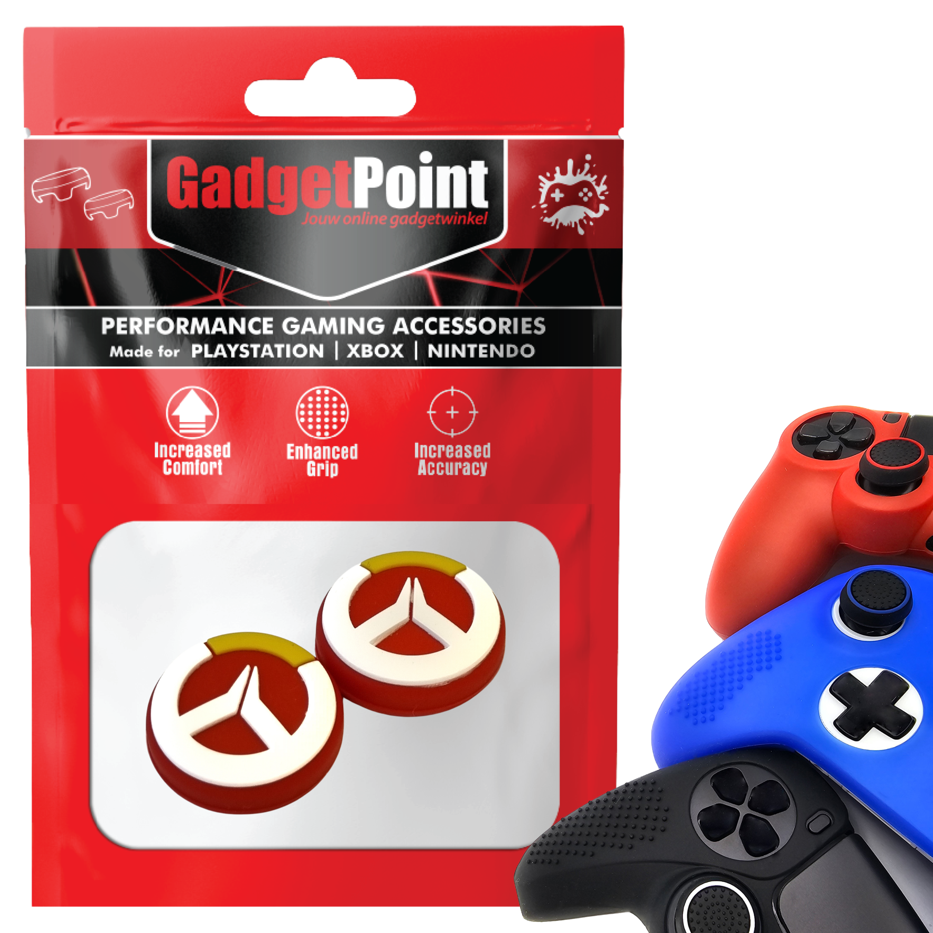 Gaming Thumb Grips | Performance Anti-slip Thumbsticks | Joystick Cap Thumb Grips | Red with White/Yellow | Accessories suitable for Playstation PS4 PS5 &amp; Xbox &amp; Nintendo Pro Controller
