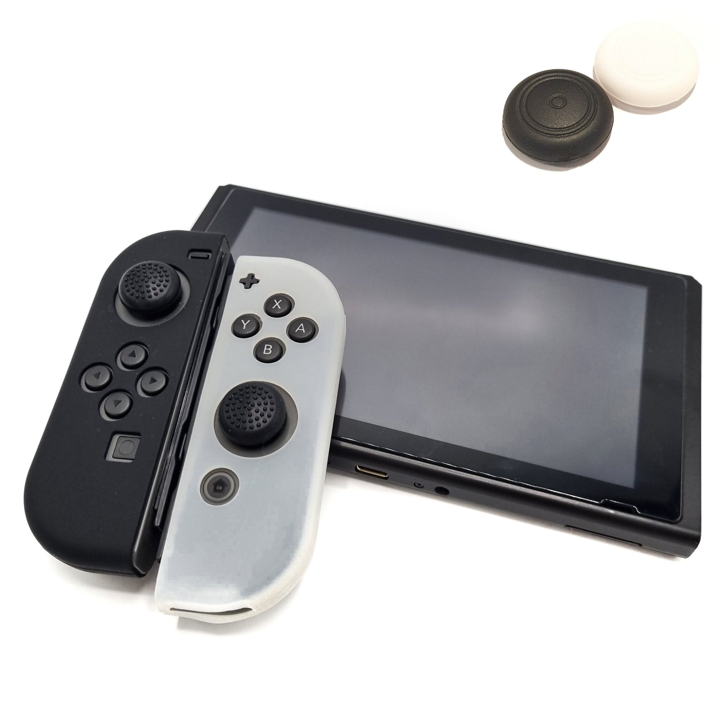 Beschermhoesjes + Thumbgrips | Performance Antislip Skin | Softcover Grip Case | Transparant/Zwart + Zwart/Wit Thumbs | Accessoires geschikt voor Nintendo Switch Joy-Con Controllers
