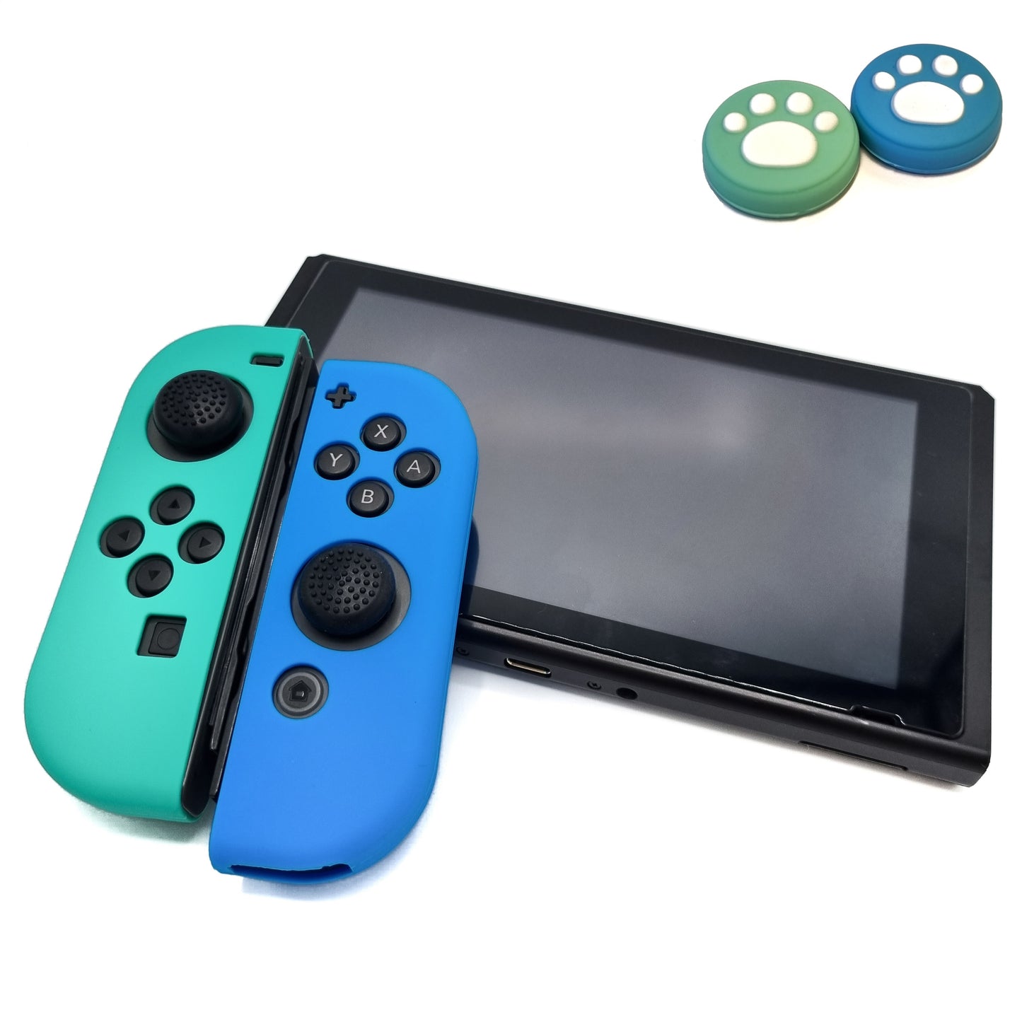 Siliconen Joy-Con Controller Hoesjes + Thumbgrips | Lichtblauw/Cobalt groen + Pootjes | Beschermhoes Skin | Geschikt voor de volgende console(s): Nintendo Switch & LITE | Softcover Case | Grip