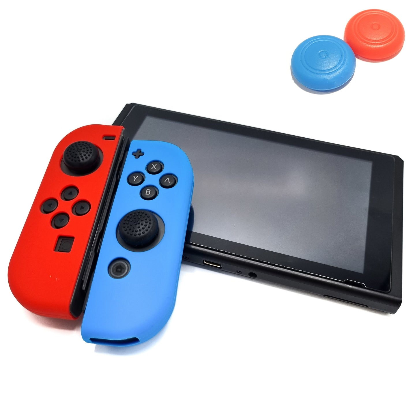 Siliconen Joy-Con Controller Hoesjes + Thumbgrips | Rood/Lichtblauw + Blauw/Rood Thumbs | Beschermhoes Skin | Geschikt voor de volgende console(s): Nintendo Switch & LITE | Softcover Case | Grip