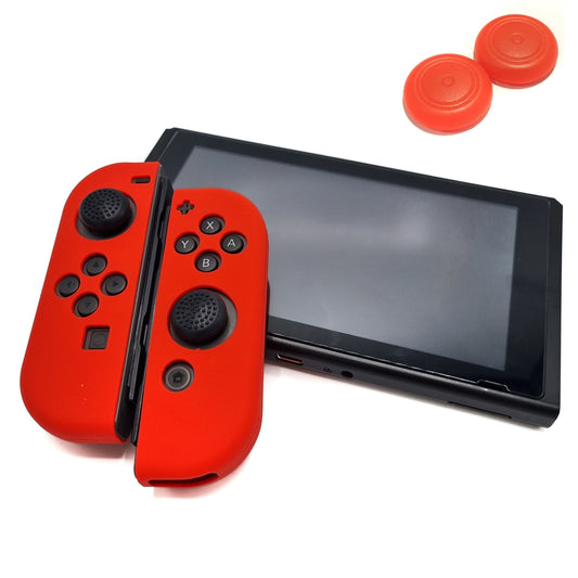 Schutzhüllen + Daumengriffe | Performance Anti-Rutsch-Haut | Softcover-Griffhülle | Rote + rote Daumen | Zubehör passend für Nintendo Switch Joy-Con Controller